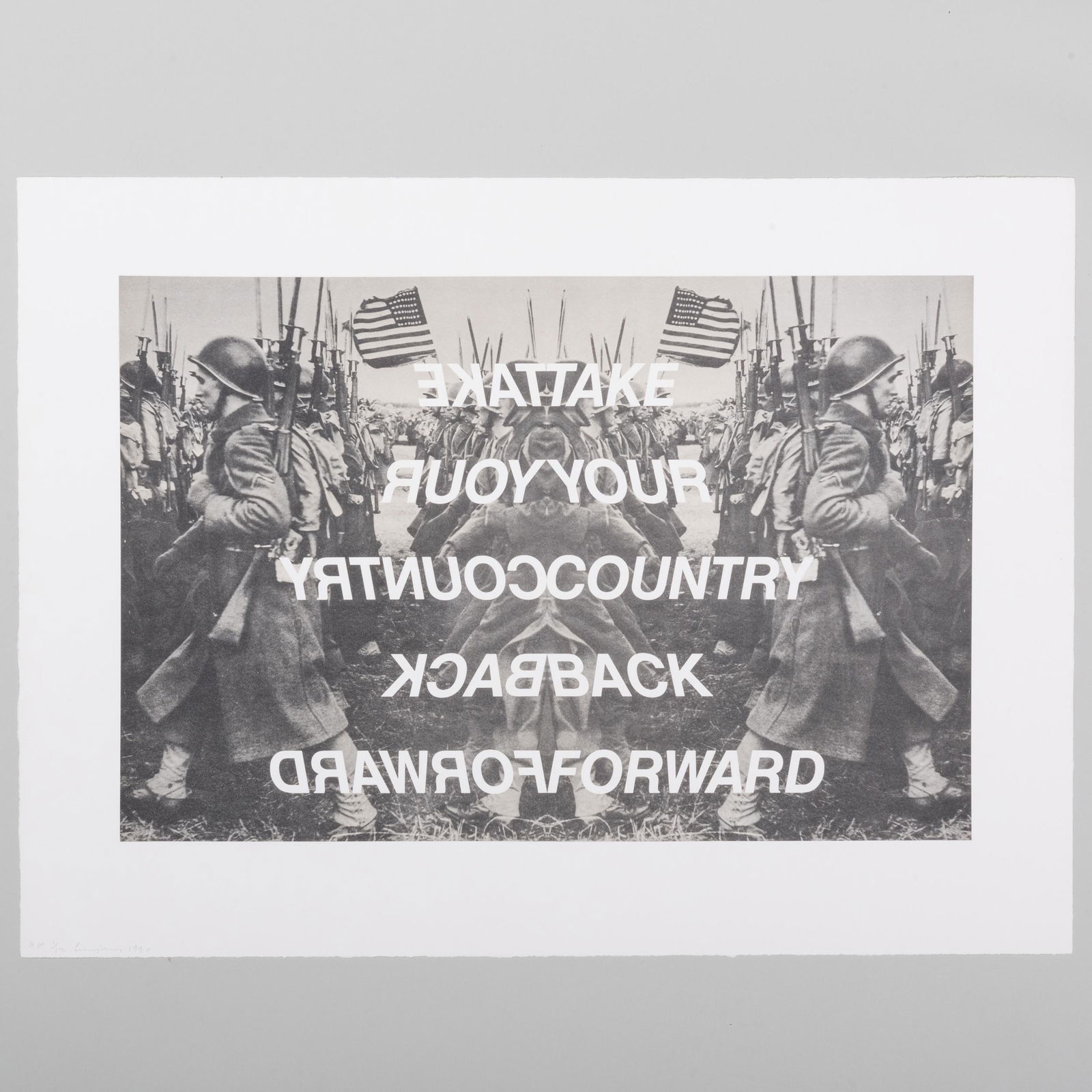 Annette Lemieux (b. 1957): Take Your Country Back: Annette Lemieux (b. 1957): Take Your Country Back Forward Offset lithograph in black on wove paper, 1990, signed and dated in pencil, numbered AP 1/12. 27 1/2 x 37 in. (sheet), unframed. Prints from t