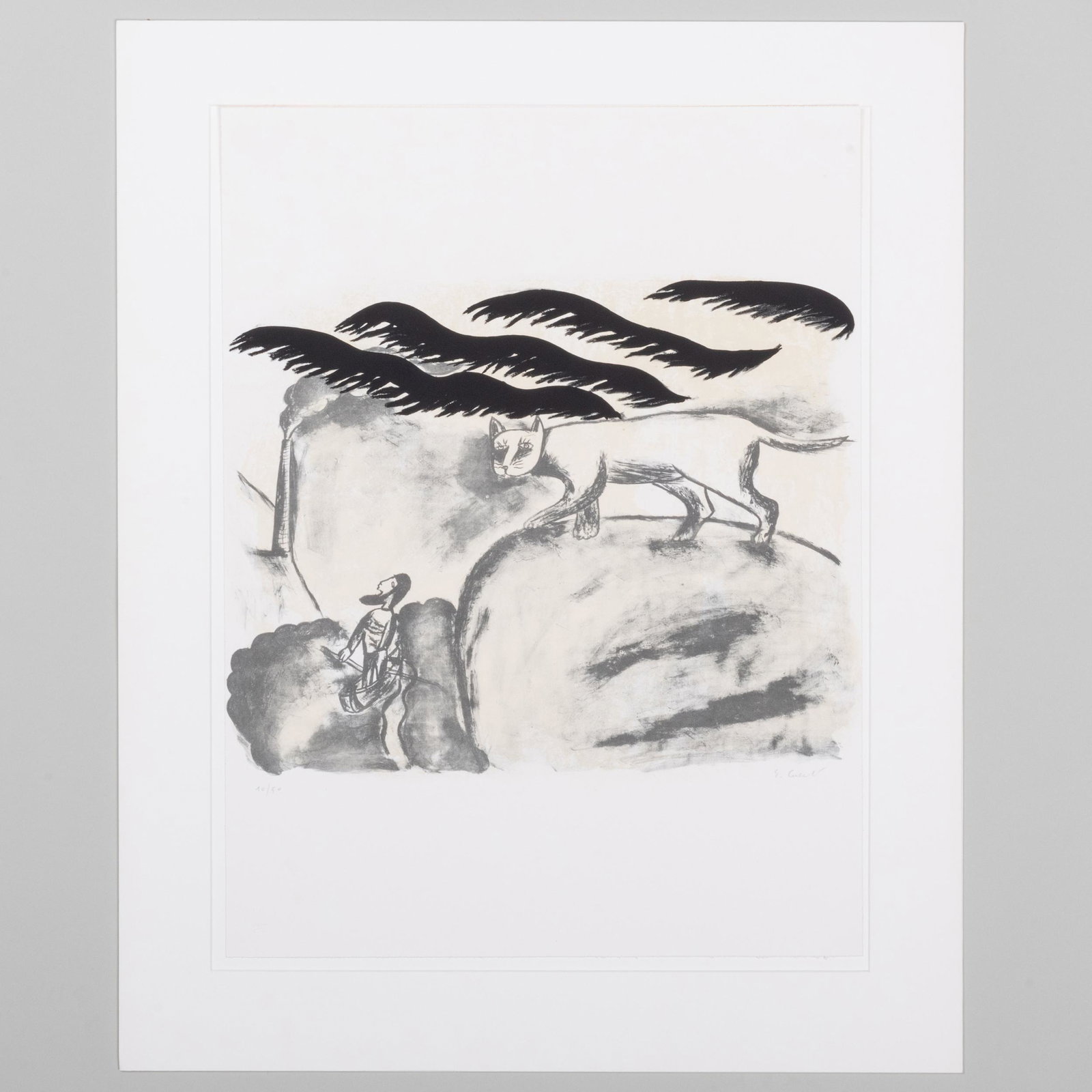 Enzo Cucchi (b. 1949): Al buio sul mare Adriatico, from: Enzo Cucchi (b. 1949): Al buio sul mare Adriatico, from Imagine Force Lithograph in black and grey on wove paper, 1981, signed in pencil, numbered 10/50; together with the linen-covered portfolio, tit