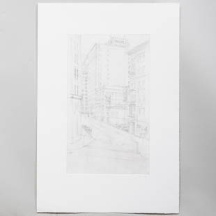 Rackstraw Downes (b. 1939): Latham Square: Rackstraw Downes (b. 1939): Latham Square Etching in black on wove paper, 1984, signed with initials and dated in pencil, numbered 8/25. 21 3/4 x 14 3/4 in. (sheet), unframed. Prints from the Collecti