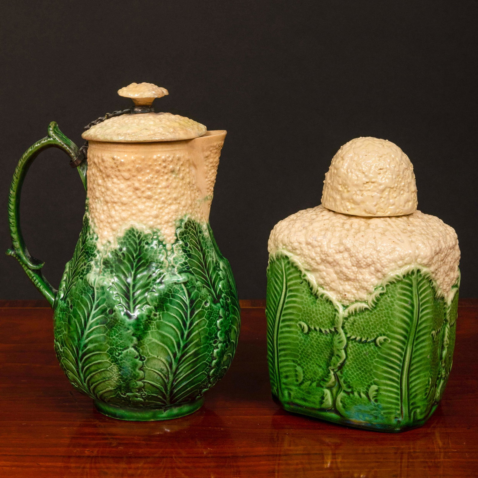 Staffordshire Glazed Earthenware 'Cauliflower' Tea: Staffordshire Glazed Earthenware 'Cauliflower' Tea Caddy and a Hot Milk Jug Unmarked; together with an additional tea caddy cover. The tea caddy 5 1/4 x 3 x 2 1/2 in. (overall), the jug 6 1/4 x 4 1/2 