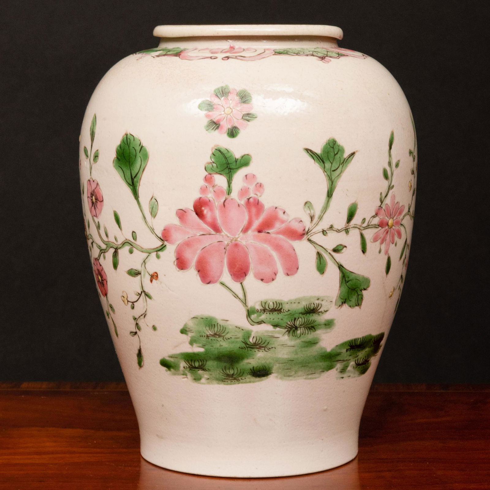 Staffordshire Enameled Earthenware Chinoiserie Jar: Staffordshire Enameled Earthenware Chinoiserie Jar Unmarked. 6 1/2 x 5 in. diam. Exhibited: The City of Bristol Museum and Art Gallery, The British Antique Dealer Association, 1979. Property from the