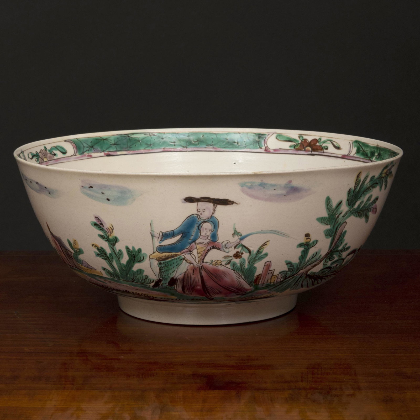 Staffordshire Salt Glazed Earthenware Enameled Punch: Staffordshire Salt Glazed Earthenware Enameled Punch Bowl Unmarked. 3 5/8 x 8 3/4 in. diam. Property from the Collection of Wynn A. and Elizabeth F. Sayman