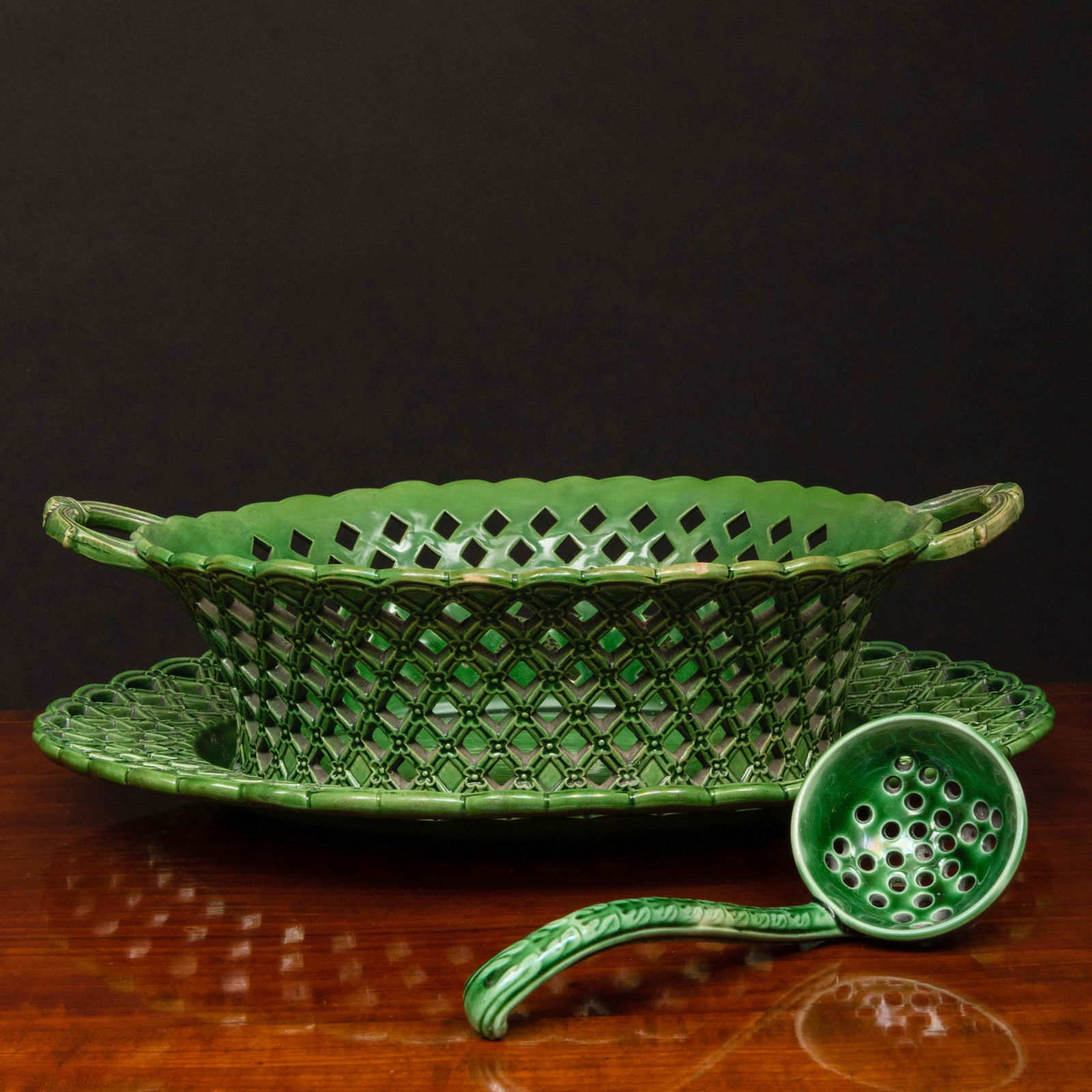 English Green Glazed Earthenware Basket and Underplate, (1 of 12)