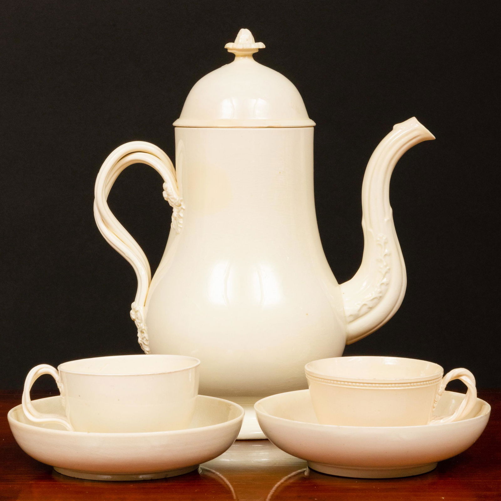 English Creamware Coffee Pot and Two Cups and Saucers (1 of 18)