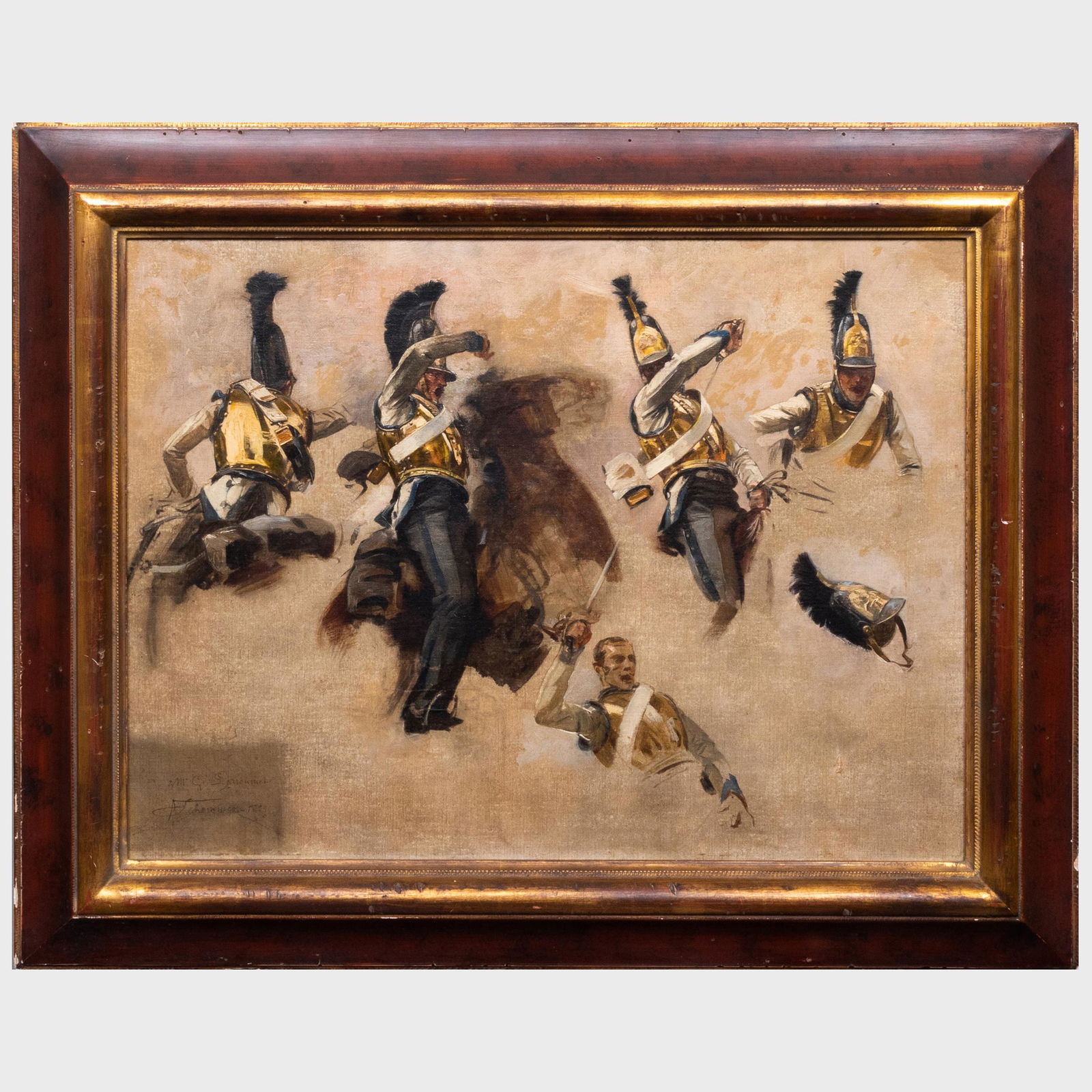 François Schommer (1850-1935): Studies of a: François Schommer (1850-1935): Studies of a Russian Soldier in Combat During the Napoleonic War Oil on canvas, 1889, signed 'F. Schommer', dated and inscribed 'à M.G. Larroumet' lower left,