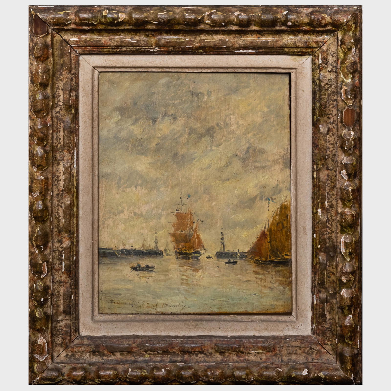 Attributed to Eugène Boudin (1824-1898): Trouville: Attributed to Eugène Boudin (1824-1898): Trouville Oil on board, indistinctly signed 'E? Boudin' and titled lower left, with two indistinct inkstamps on the reverse. 9 1/2 x 7 1/2 in., 14 1/2 x 1