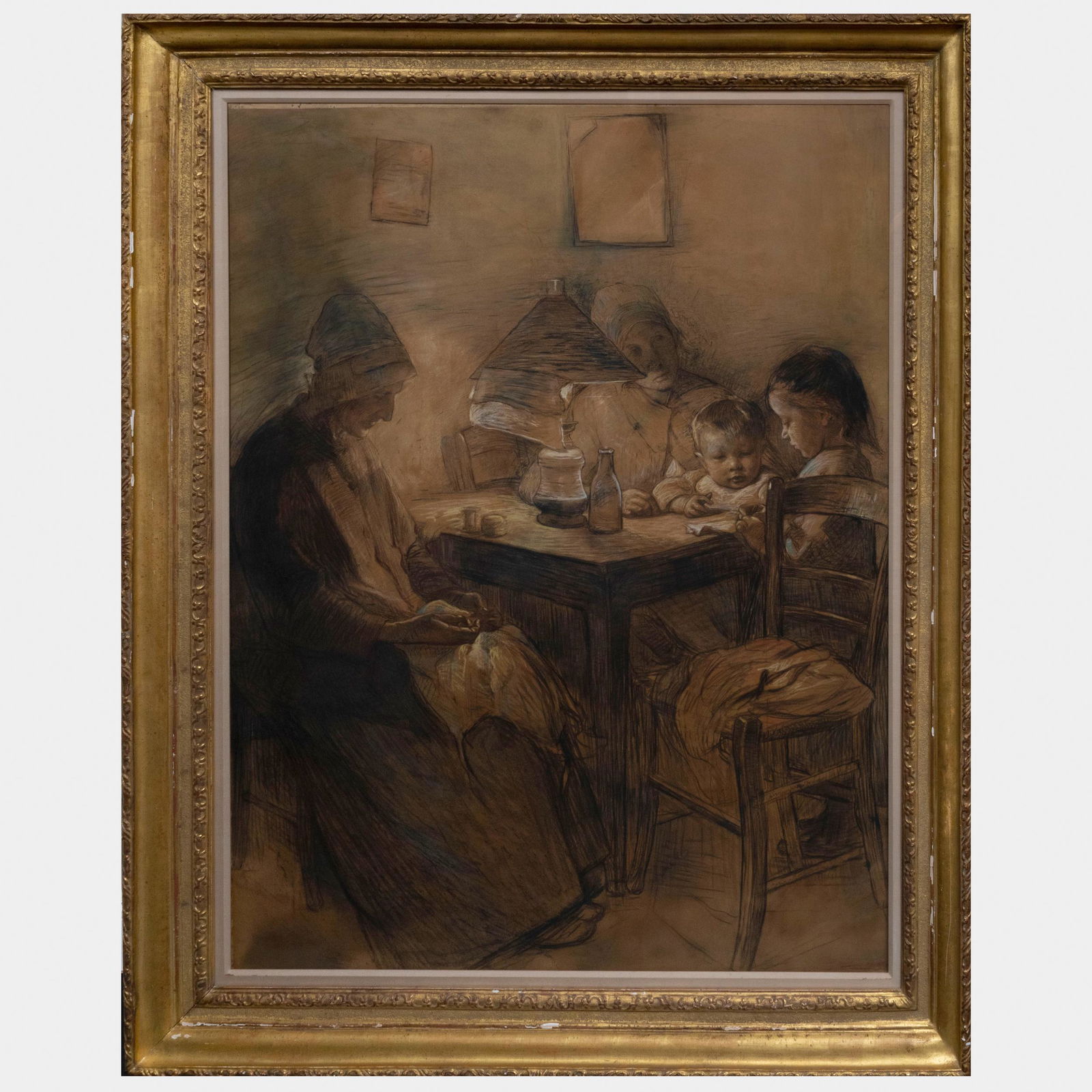 Elizabeth Nourse (1859-1938): Study for La Veillée: Elizabeth Nourse (1859-1938): Study for La Veillée Pastel and charcoal on paper mounted on Masonite, 1898, signed 'E. Norse' and dated lower left, with label from Spanierman Gallery, NY. 54 1/2 x