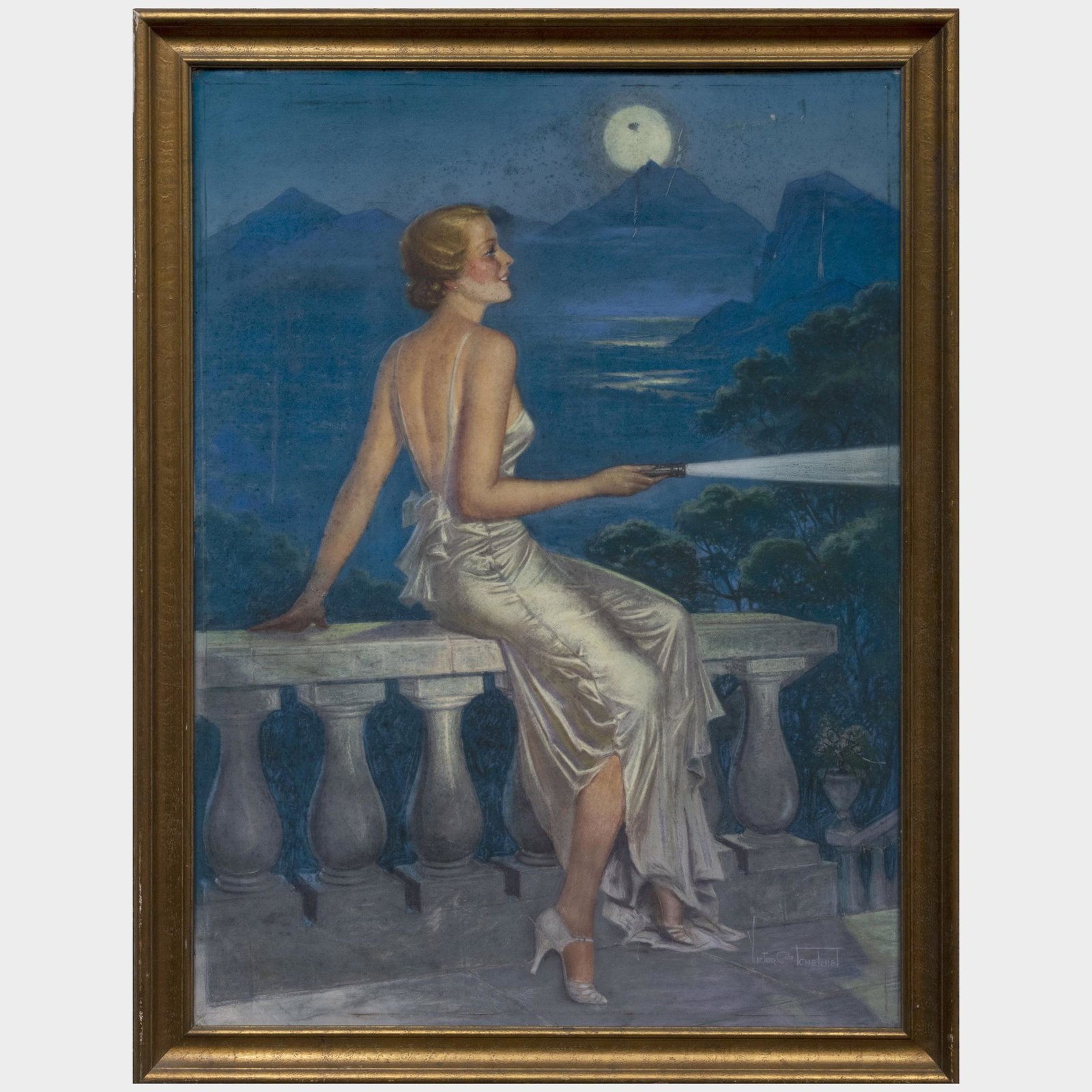 Victor Tchetchet (1891-1974): Woman on a Terrace: Victor Tchetchet (1891-1974): Woman on a Terrace Pastel on board, signed 'Victor Cole Tchetchet' lower right. 40 x 29 in., 45 x 34 in. (frame).