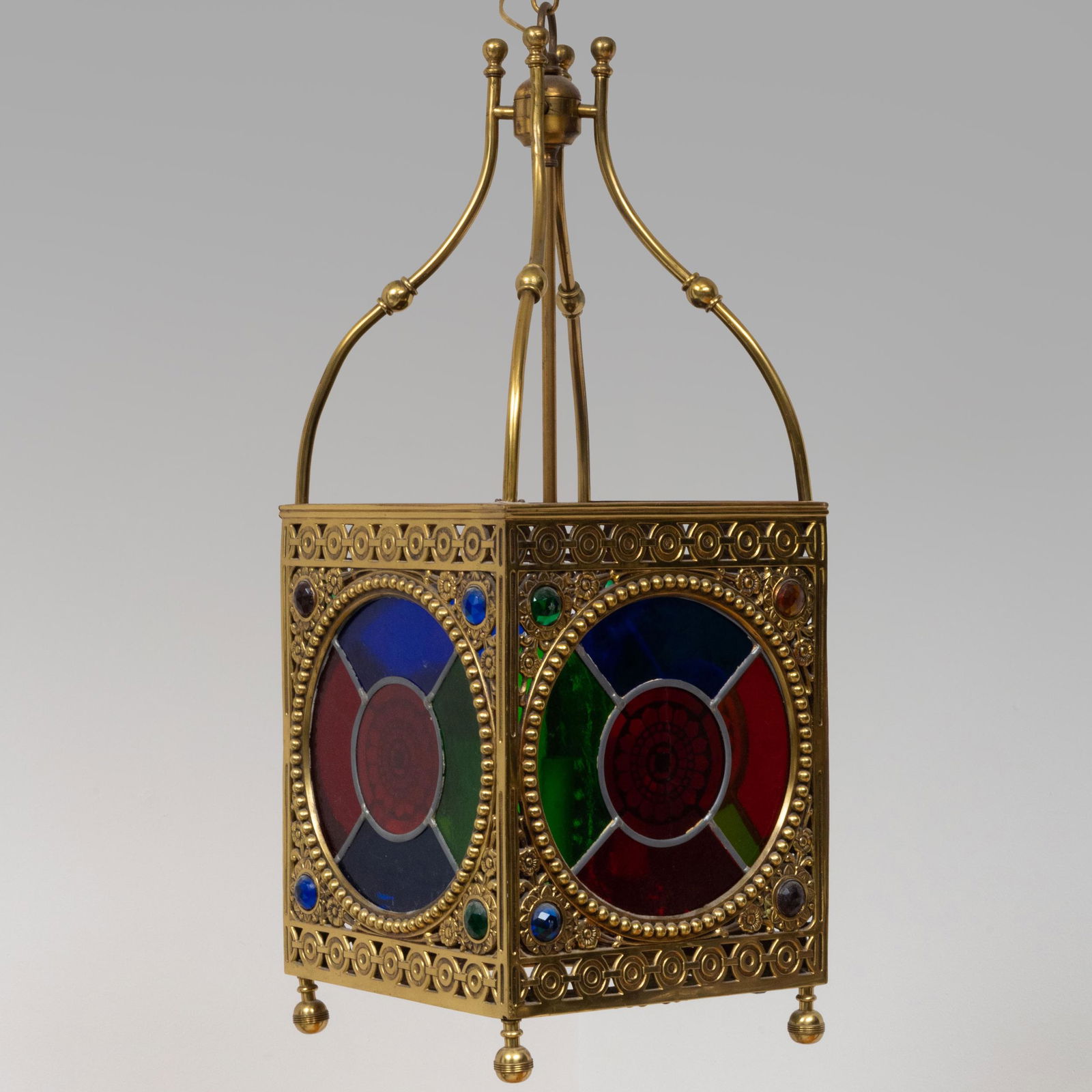 English Arts and Crafts Brass and Glass Three-Light (1 of 7)