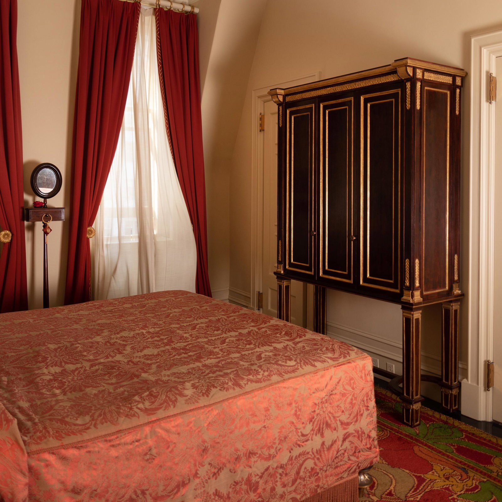 Group of Four Burnt Orange Wool Blend and Embroidered: Group of Four Burnt Orange Wool Blend and Embroidered Curtains With four gilt-metal curtain ties. Lined and fitted with hooks at the top. 10 ft. 5 in. x 2 ft. 4 in. (top) x 5 ft. 5 in. (bottom). Old W