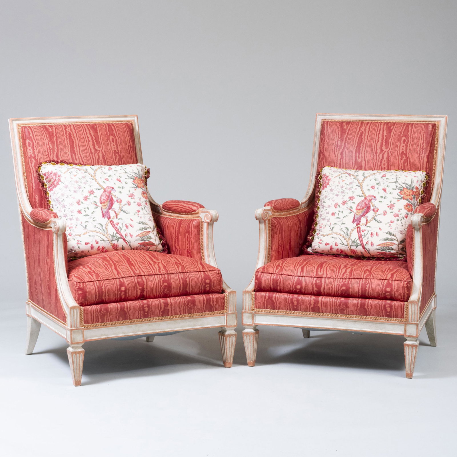 Pair of Louis XVI Style Painted Bergères, of: Pair of Louis XVI Style Painted BergÃ¨res, of Recent Manufacture 36 1/4 x 26 1/4 x 24 3/4 in., height of seat 14 3/4 in. Property from the Collection of Ezra and Cecile Zilkha