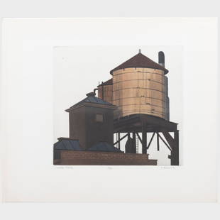 Sidney Hurwitz (b. 1932): Water Tank: Sidney Hurwitz (b. 1932): Water Tank Aquatint in colors on wove paper, signed and titled in pencil, numbered 5/20. 22 1/4 x 25 3/4 in. (sheet), unframed.