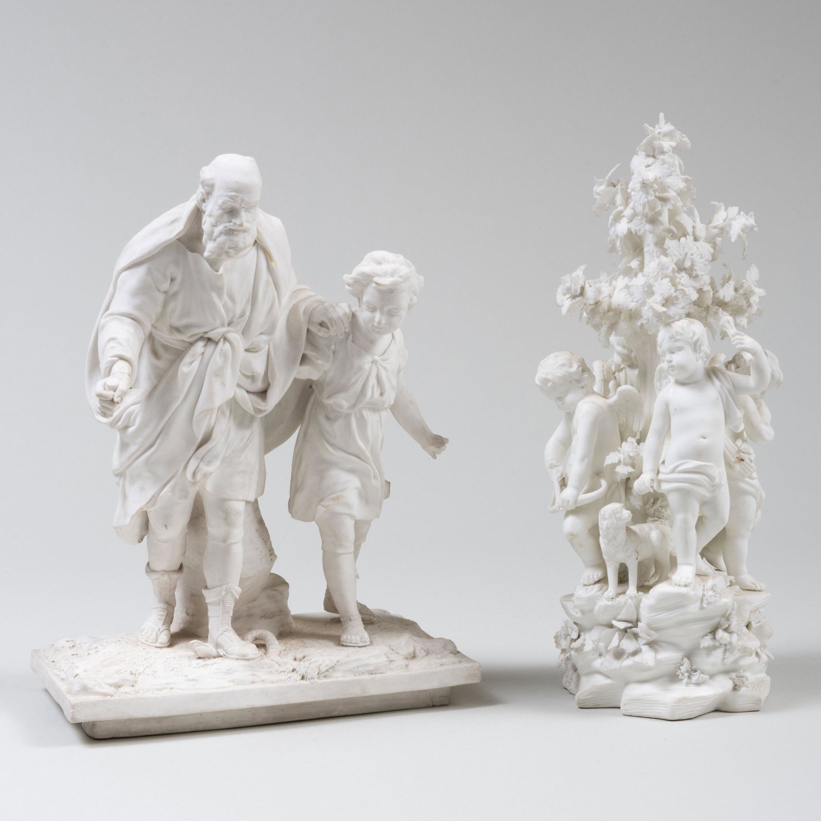 Derby Biscuit Figure Group and a French Group: Derby Biscuit Figure Group and a French Group Incised and stamped mark. The Derby 9 3/4 x 4 1/2 in. diam., the French 9 x 7 x 4 in. Estate of Don F. Gaston, Greenwich, Connecticut