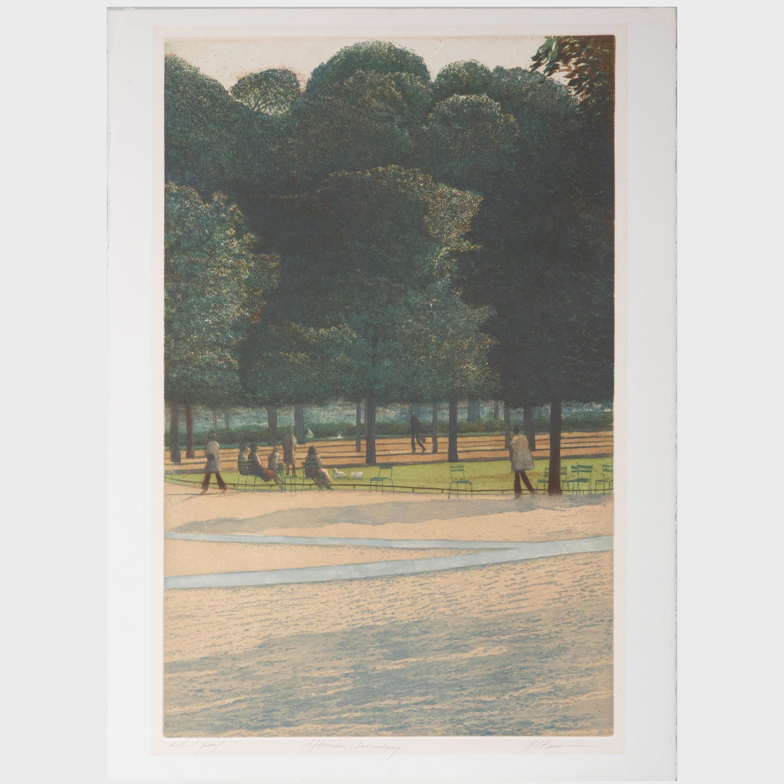 Harold Altman (1924-2003): Afternoon, Luxemburg: Harold Altman (1924-2003): Afternoon, Luxemburg Etching and aquatint in color son wove paper, signed, titled and inscribed 'artst proof' in pencil. 30 x 22 1/2 in. (sheet), unframed.