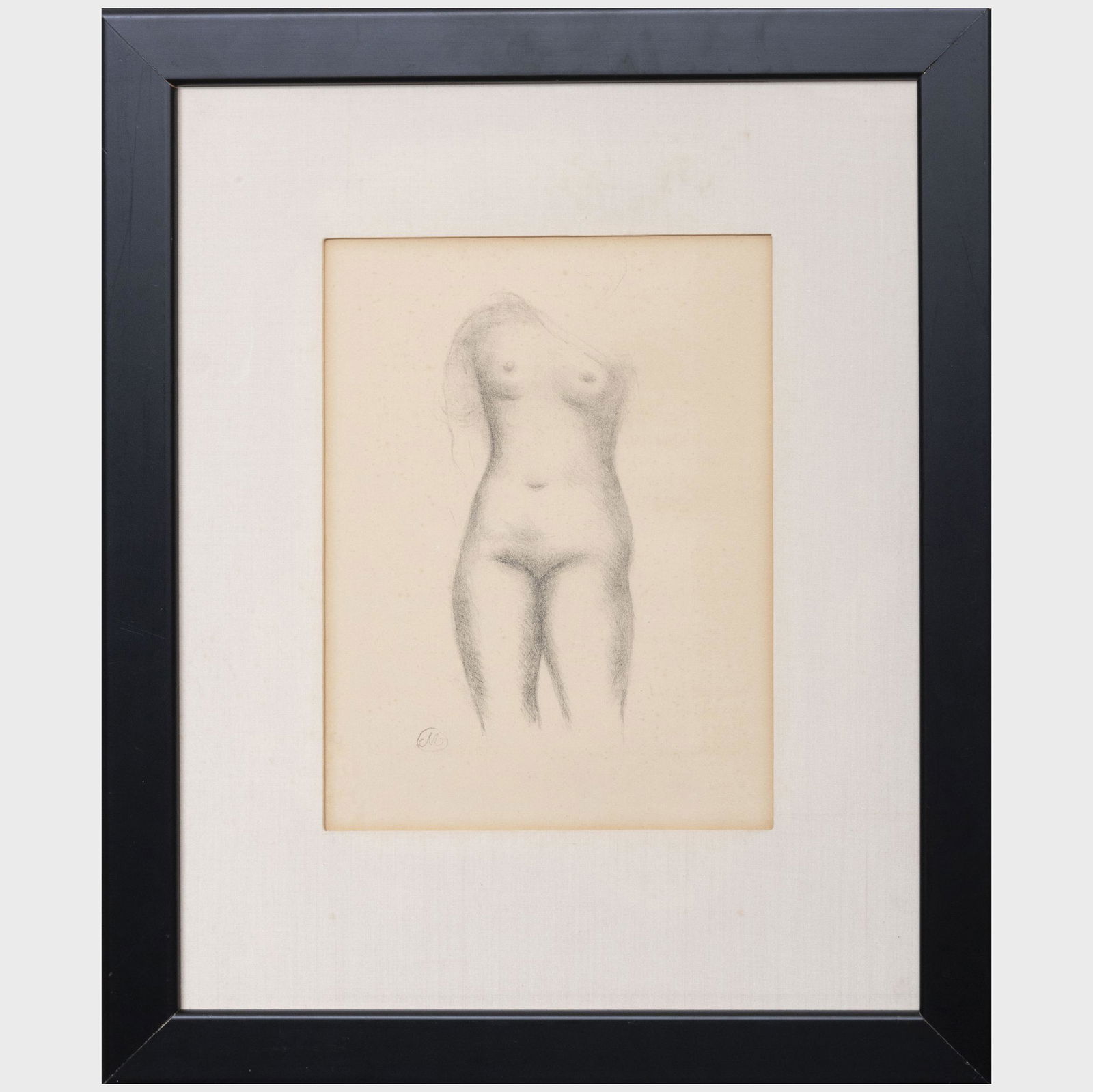 Aristide Maillol (1861-1944): Nude: Aristide Maillol (1861-1944): Nude Lithograph in black on wove paper in-texte, with the printed monogram and text on the reverse. 15 x 11 1/4 in. (sheet), 20 x 16 1/2 in. (frame). 