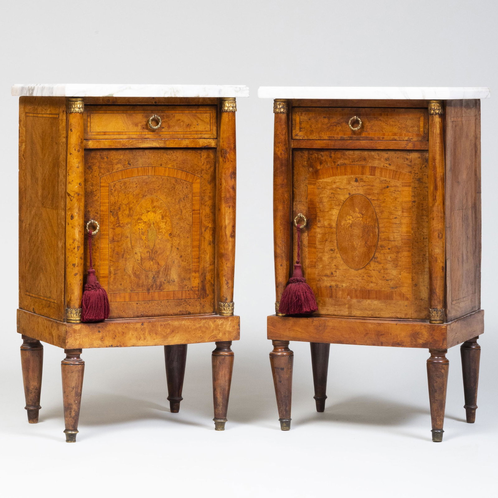 Pair of Italian Neoclassical Style Tulipwood and: Pair of Italian Neoclassical Style Tulipwood and Burlwood Bedside Commodes 32 1/2 x 19 x 14 1/2 in.