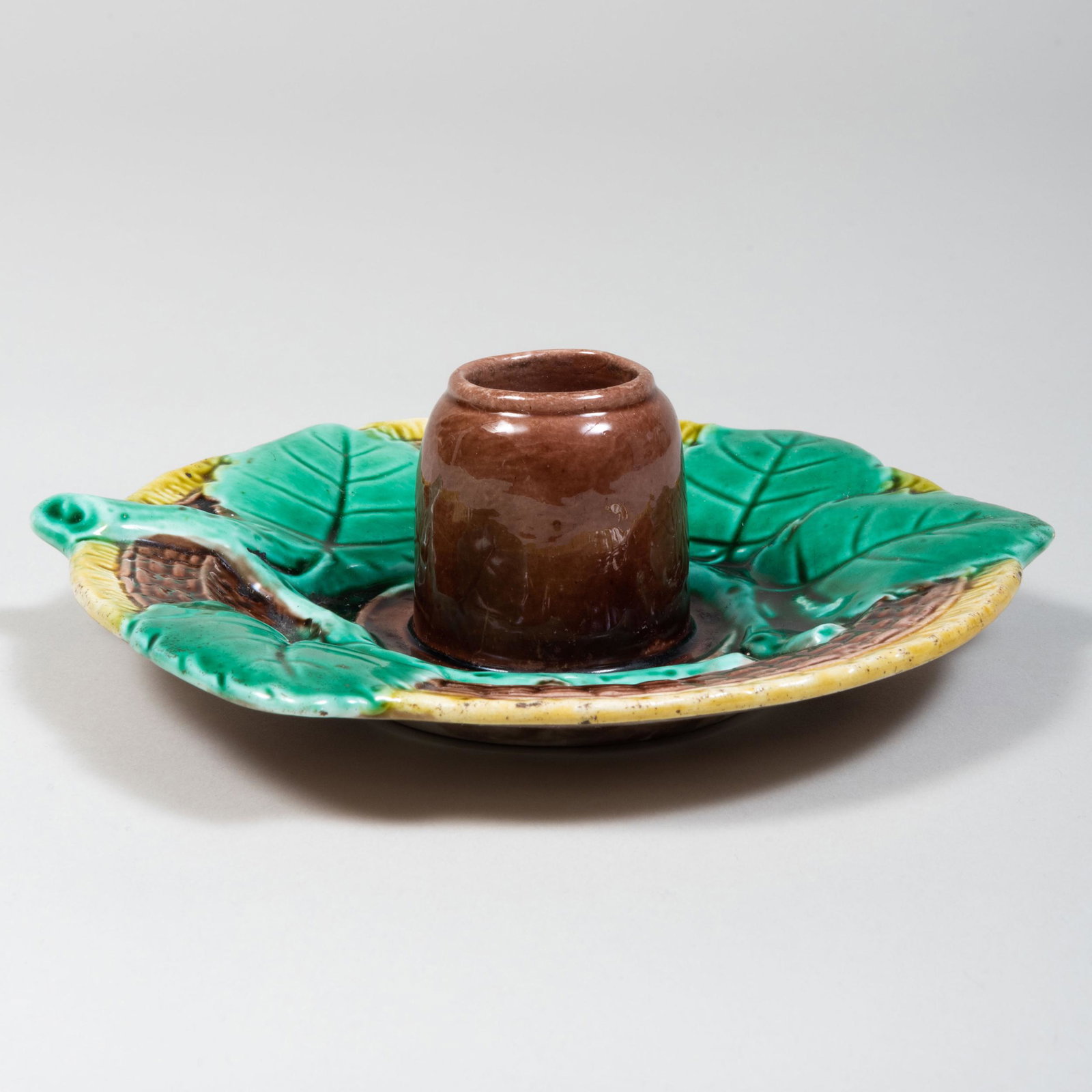 Majolica Basketweave Inkwell: Majolica Basketweave Inkwell Unmarked. 6 in. diam.