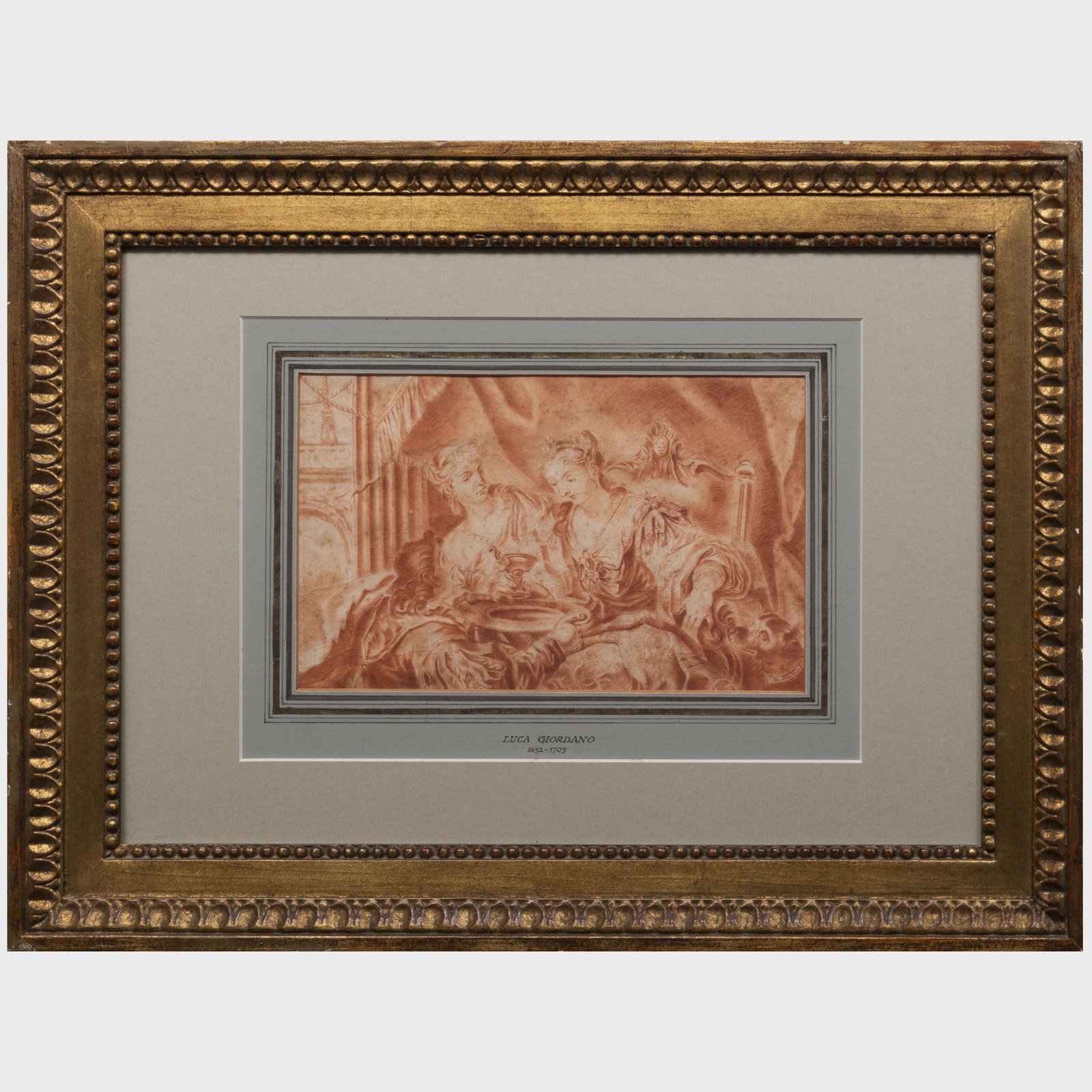 Continental School: Two Royal Figures and Servant: Continental School: Two Royal Figures and Servant Sanguine on paper, unsigned. 6 5/8 x 10 1/4 in. (sheet), 16 1/2 x 22 in. (frame).