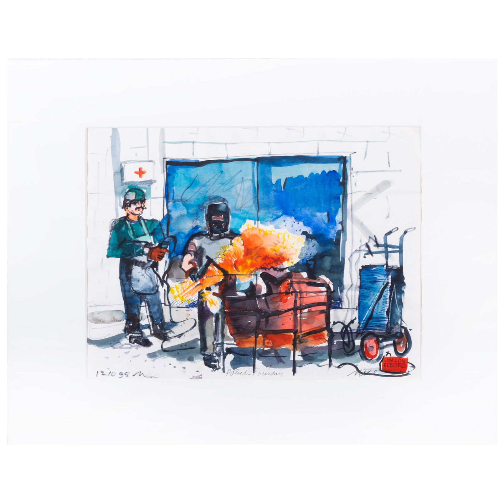 Don Nice (1932-2019): Polich Foundry: Don Nice (1932-2019): Polich Foundry Watercolor on paper, 1998, signed 'Nice' lower left and right, titled lower center, dated lower left. 10 x 1/2 x 13 1/2 in. (sheet), 19 1/2 x 23 1/2 in. (frame). G