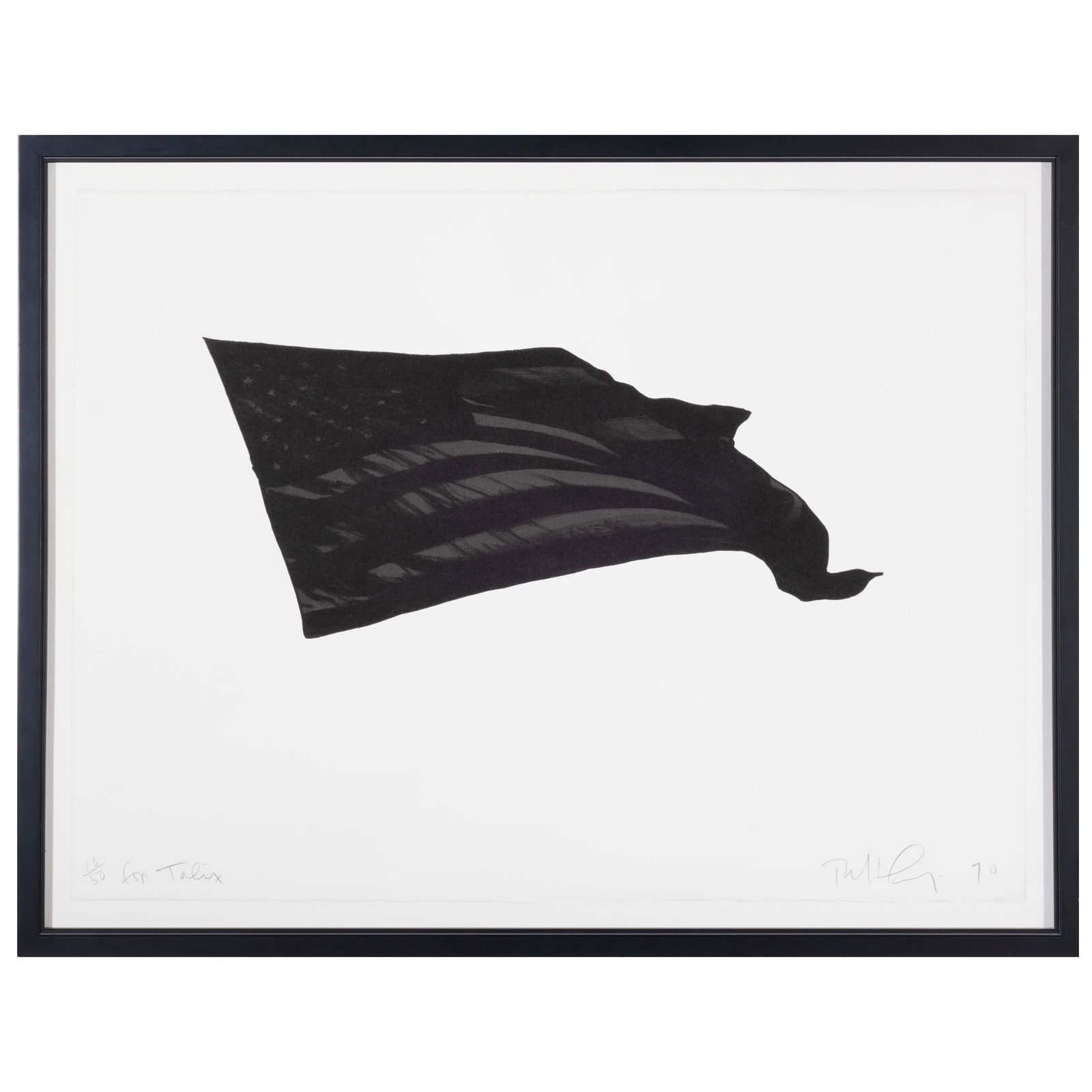 Robert Longo (b. 1953): Black Flag: Robert Longo (b. 1953): Black Flag Lithograph in black on wove paper, 1990, signed, dated and inscribed 'for Tallix' in pencil, numbered 10/50. 22 1/2 x 30 in. (sheet), 26 x 33 1/2 in. (frame). Gift o