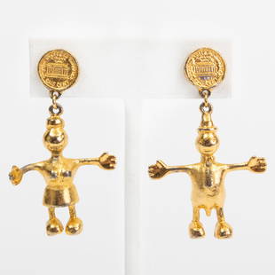 Tom Otterness (b. 1952):  Earrings: Tom Otterness (b. 1952): Earrings Gold plated metal, c. 1995, unmarked. Each 1 1/2 in. (height). Works from the Collection of Dick Polich and the Polich Tallix Fine Art Foundry