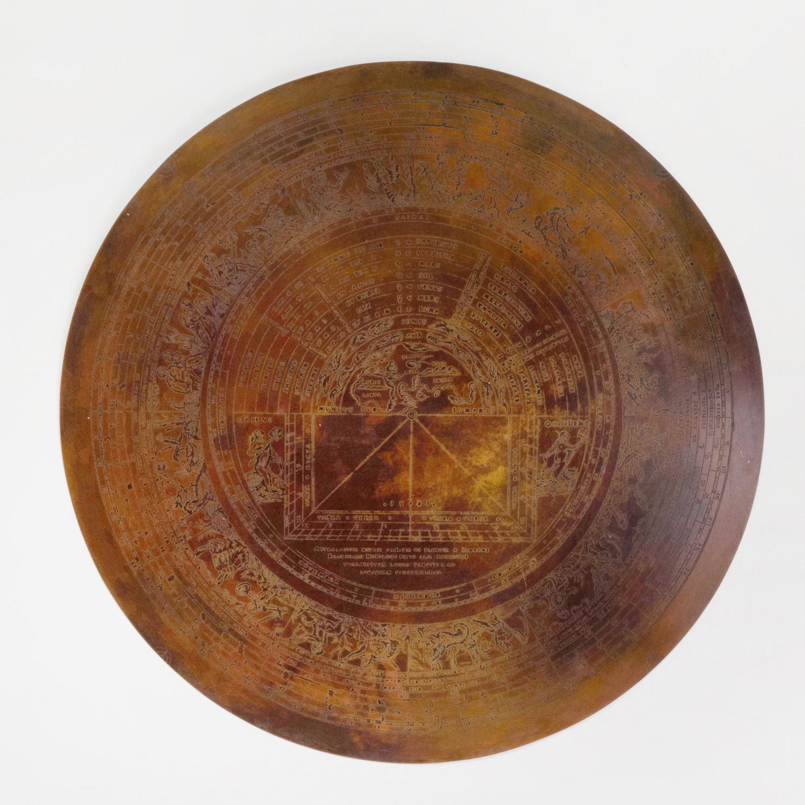 Etched Brass Zodiac Plaque: Etched Brass Zodiac Plaque Unmarked. 19 3/4 in. (diameter). Works from the Collection of Dick Polich and the Polich Tallix Fine Art Foundry