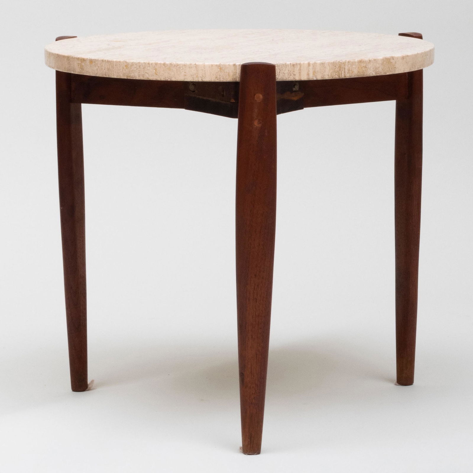 Round Travertine and Walnut Side Table (1 of 9)