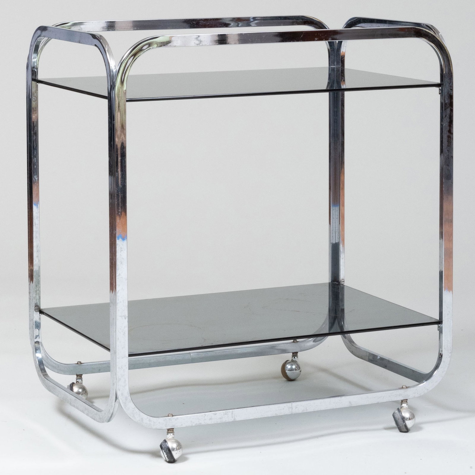Modern Chrome and Smokey Glass Two-Tier Bar Cart: Modern Chrome and Smokey Glass Two-Tier Bar Cart 27 3/4 x 25 x 17 in.