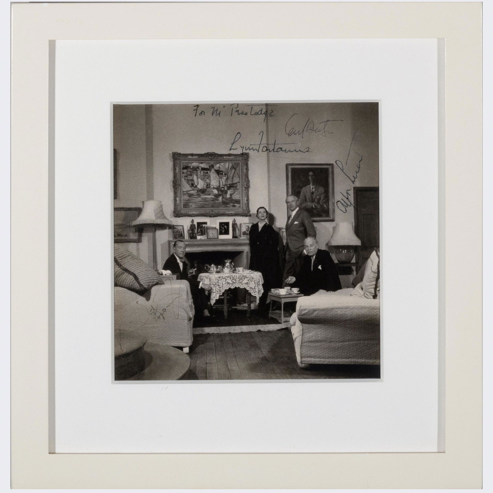 Cecil Beaton (1904-1980): Tea Party with Noel Coward, Lynn Fontanne and Alfred Lunt: Cecil Beaton (1904-1980): Tea Party with Noel Coward, Lynn Fontanne and Alfred Lunt Gelatin silver print, c. 1940, signed and inscribed 'For Mr. Preslodge' in ink, signed by Noel Coward, Lynn Fontanne