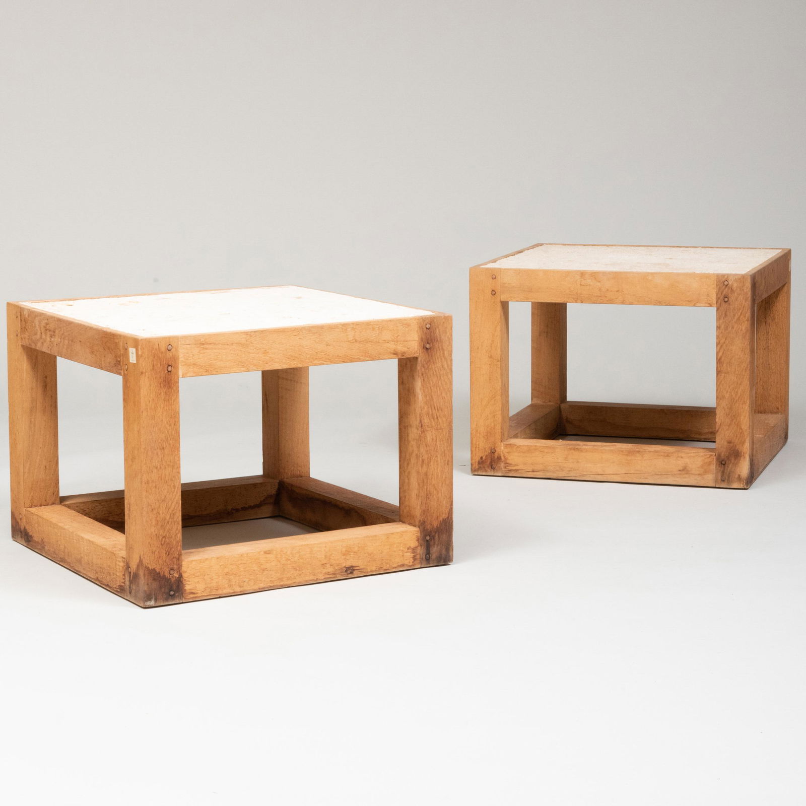 Pair of Limed Oak and Travertine Tables, Designed by Michael Taylor: Pair of Limed Oak and Travertine Tables, Designed by Michael Taylor 19 x 25 1/2 x 25 1/2 in. Masterfully Decorated Homes: Property from the Collection of the Late Douglas S. Cramer, River House, Marth