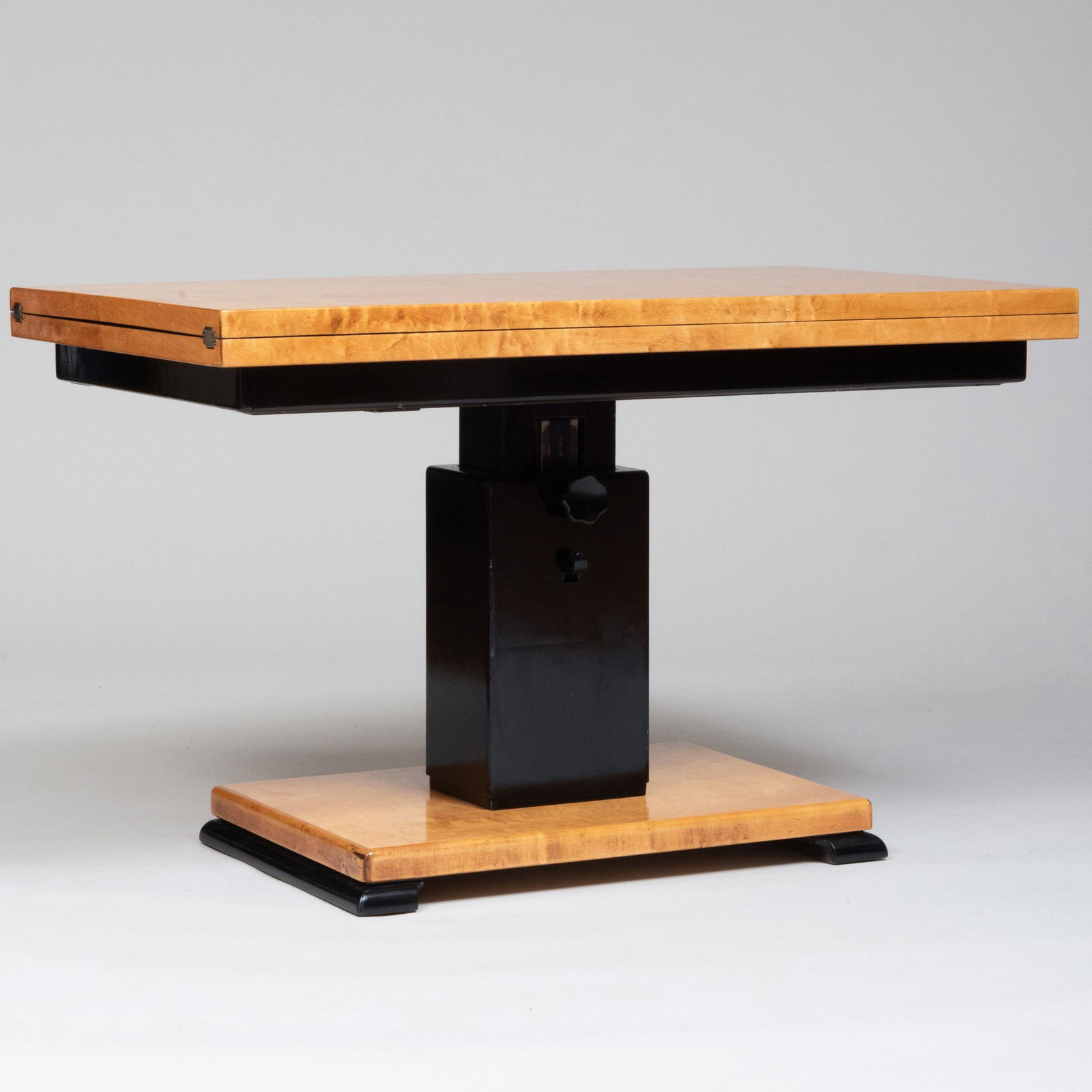 Otto Wretling Burl Birch and Ebonized 'Ideal' Folding Table: Otto Wretling Burl Birch and Ebonized 'Ideal' Folding Table With Label 'Otto Wretling, Umea, Idealbordet, Pat 246/1936....'. 27 1/2 x 44 x 26 3/4 in. (closed); 26 1/4 x 7 ft. 4 in. x 26 3/4 in. (fully