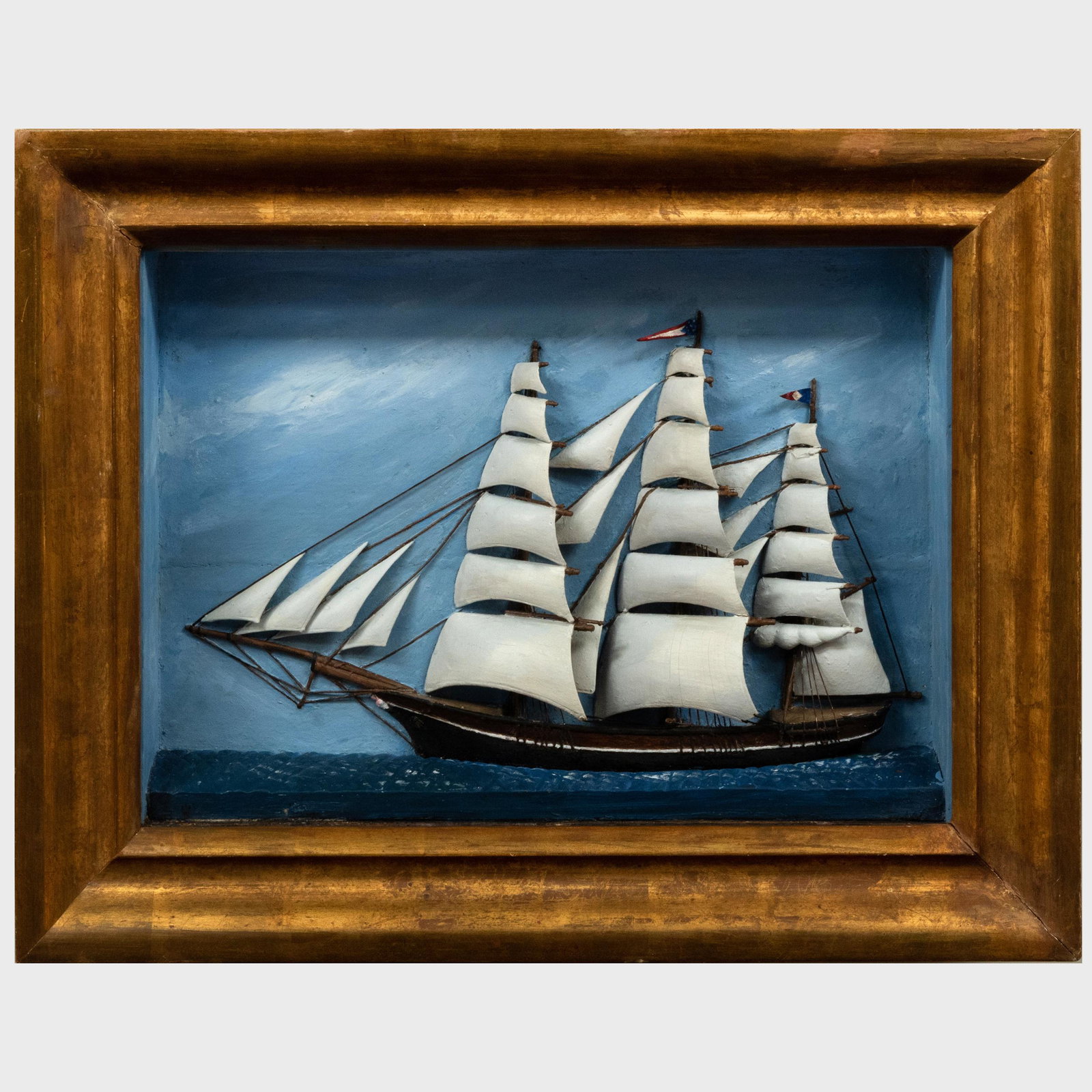 American Half Hull Model of a Clipper Ship: American Half Hull Model of a Clipper Ship Painted mixed media. 18 1/4 x 24 1/4 in. (frame). Masterfully Decorated Homes: Property from the Collection of the Late Douglas S. Cramer, River House, Marth