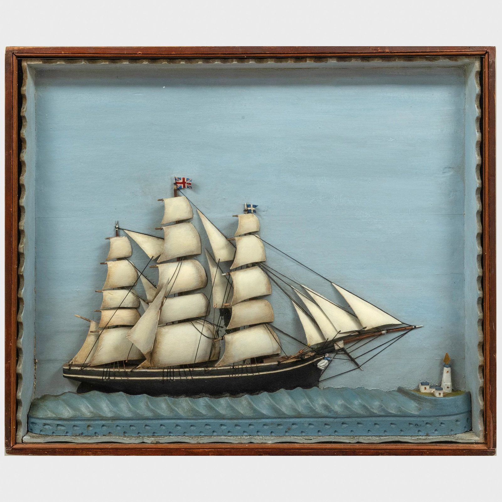 English Folk Art Half Hull Ship Model: English Folk Art Half Hull Ship Model Painted and carved wood. 23 1/2 x 27 3/4 in. (frame). Masterfully Decorated Homes: Property from the Collection of the Late Douglas S. Cramer, River House, Martha