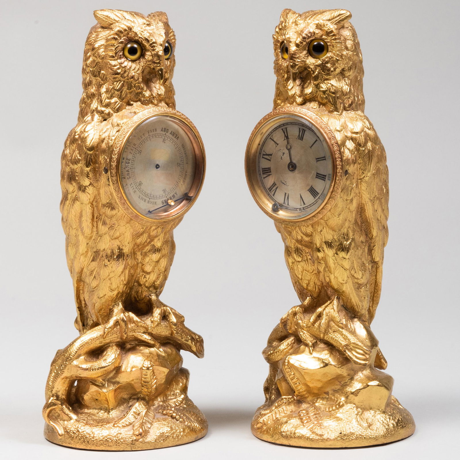 Pair of English Gilt-Bronze Owl Form Table Clock and Barometer (1 of 12)