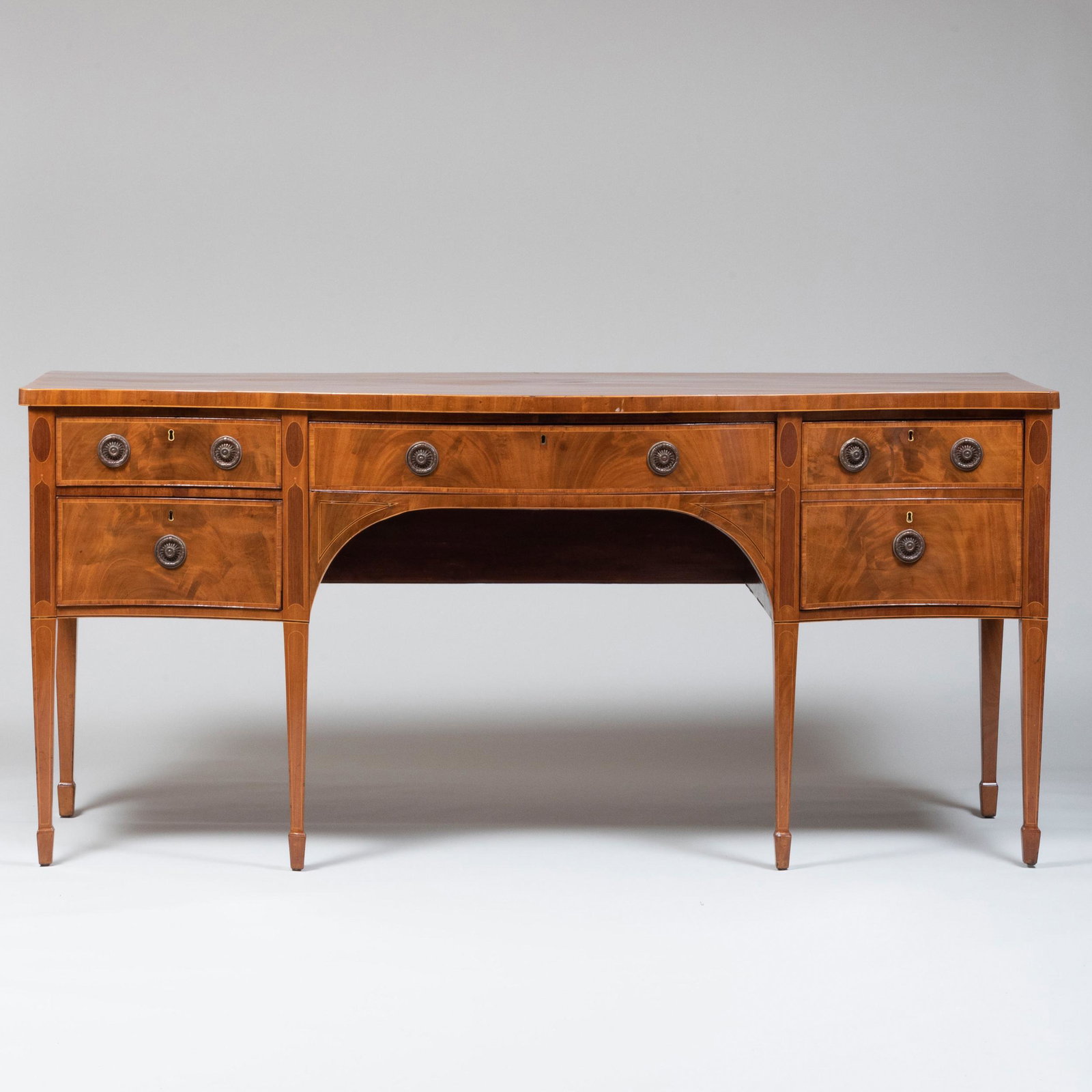 George III Inalid Mahogany Sideboard: George III Inalid Mahogany Sideboard With a Stair & Co. label on the reverse. 36 1/2 x 6 ft. 6 x 32 in. Property from the Estate of Nanette Ross