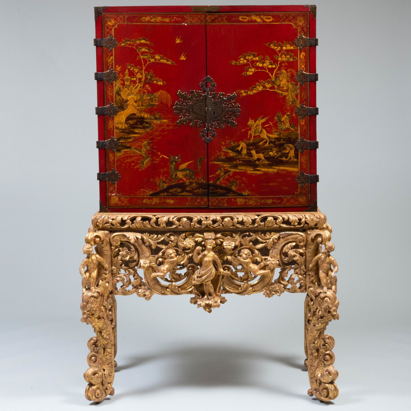 Charles II Style Scarlet Japanned and Parcel-Gilt Cabinet on Giltwood Stand (1 of 20)