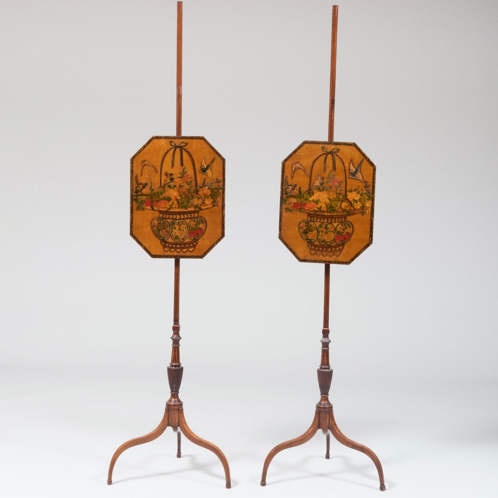 Pair of George III Inlaid Mahogany Pole Screens (1 of 10)