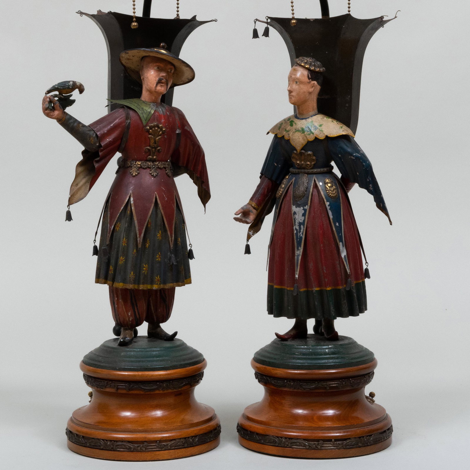 Pair of Tyrolean Painted Tin Figural Lamps: Pair of Tyrolean Painted Tin Figural Lamps 25 x 8 1/2 in. diam.