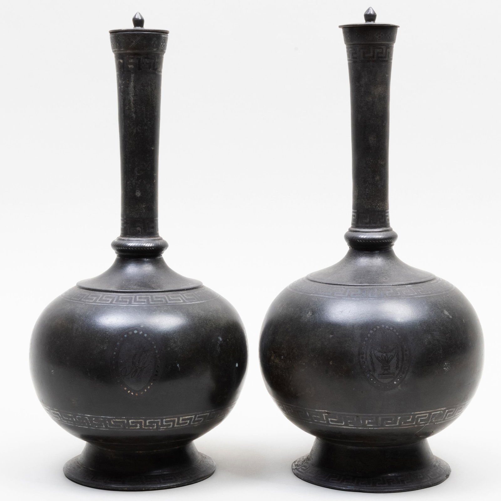 Pair of Neoclassical Style Silver Inlaid Bronze Bottle Vases and Covers (1 of 13)