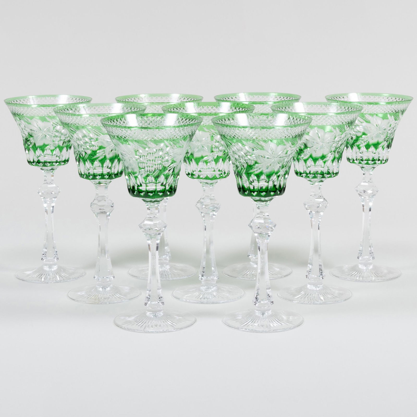 Set of Nine Knittel Green Overlay Cut Glass Goblets (1 of 10)