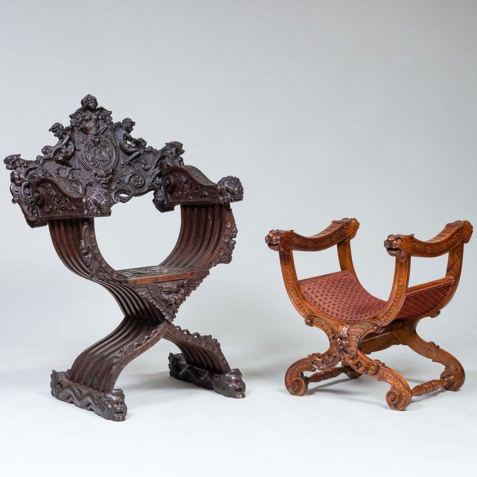 Italian Carved Stained Wood Savonarola Chair and a Walnut Curule Form Stool (1 of 12)
