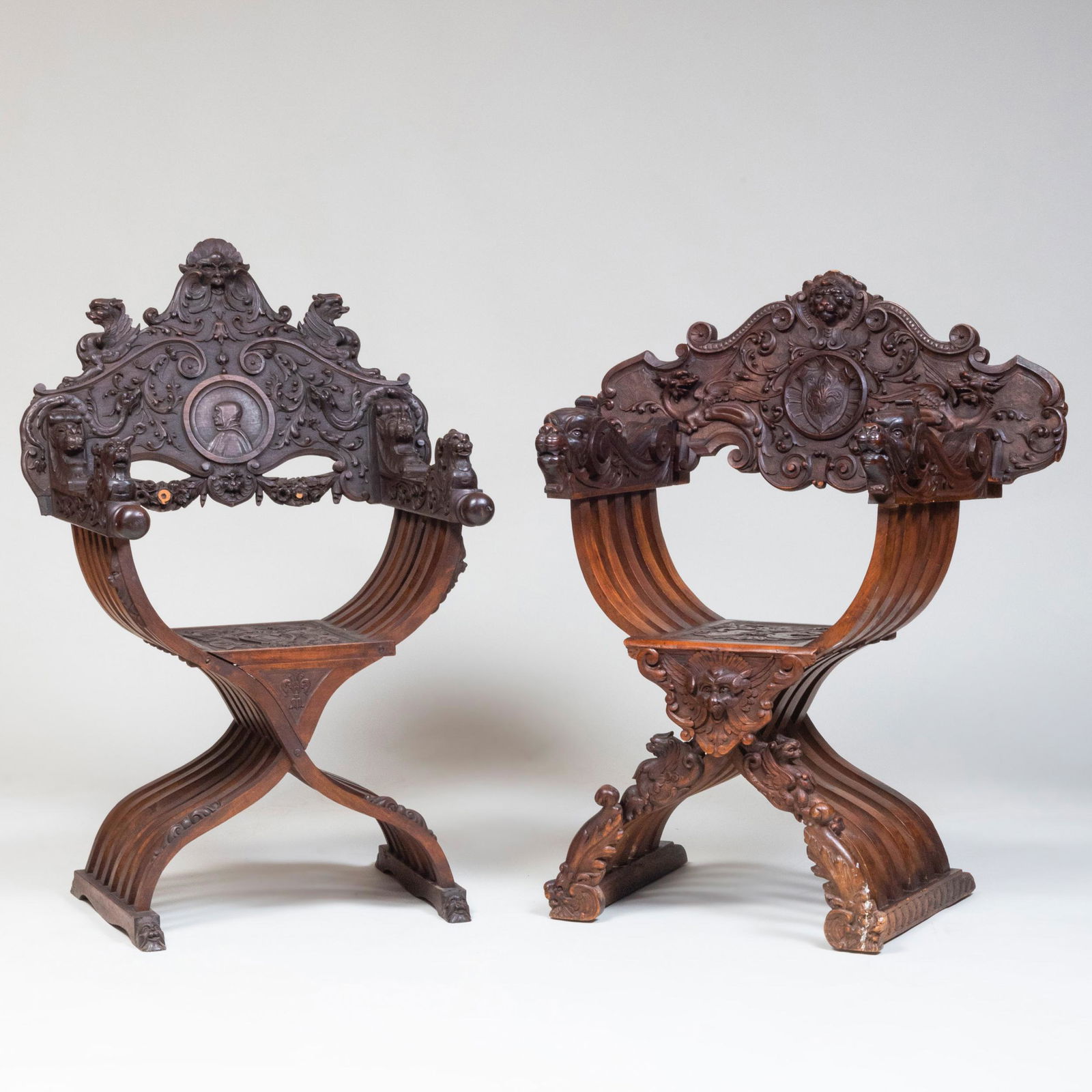 Two Italian Carved Walnut Savonarola Chairs (1 of 14)