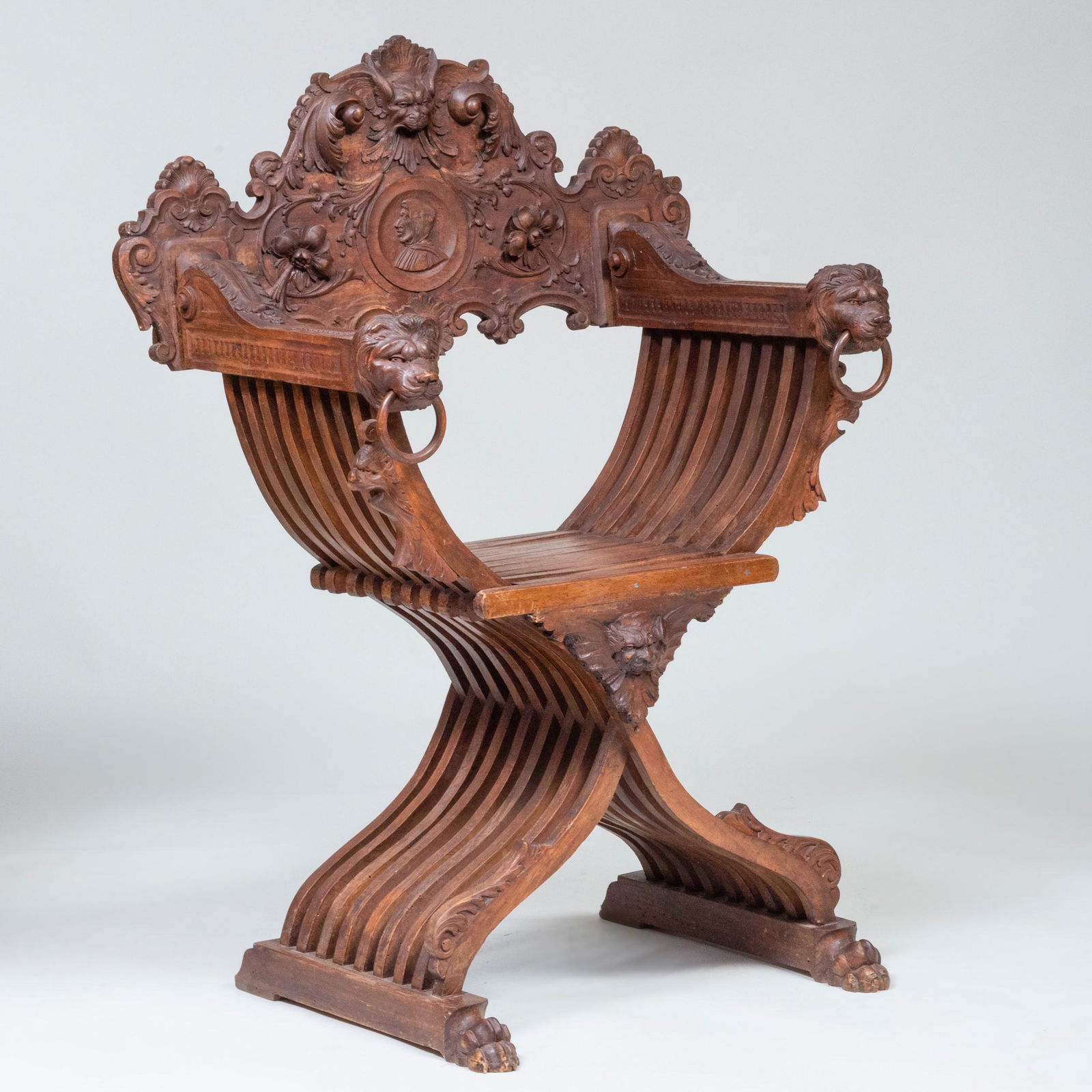 Italian Carved Stained Wood Savonarola Chair (1 of 11)