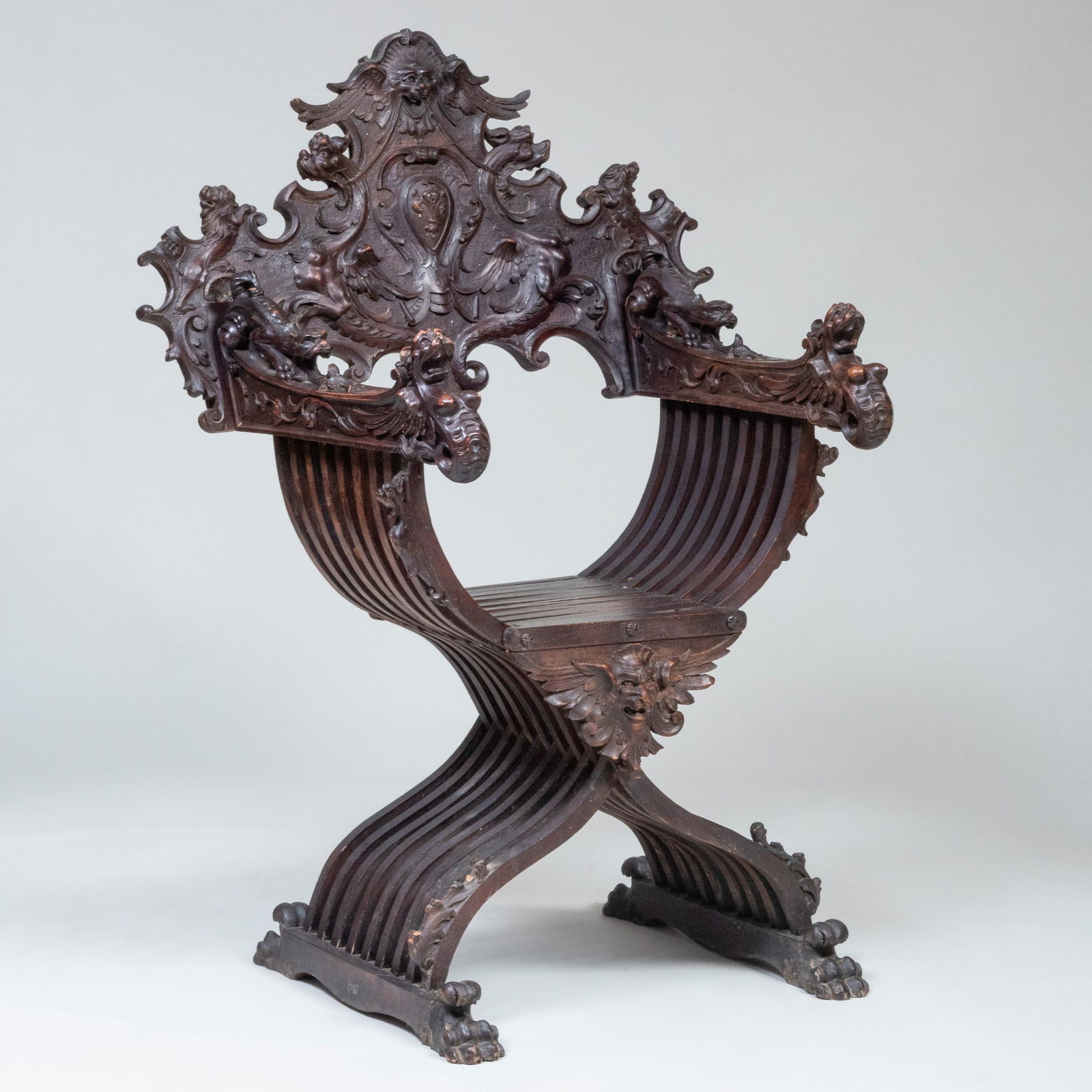 Italian Carved Stained Wood Savonarola Chair (1 of 11)
