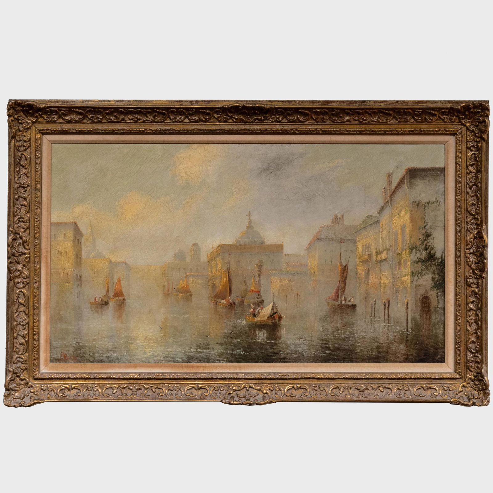 James Salt (1850-1903): View of Venice with a Sandolo in the Foreground: James Salt (1850-1903): View of Venice with a Sandolo in the Foreground Oil on canvas, signed 'J. Salt' lower left, lined. 18 x 32 in., 24 x 38 1/2 in. (frame). Sold Doyle, NY, February 5, 2020, Lot 5