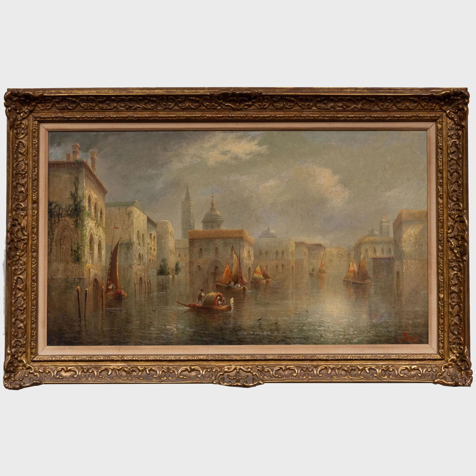 James Salt (1850-1903): View of Venice with a Tented Gondola: James Salt (1850-1903): View of Venice with a Tented Gondola Oil on canvas, signed 'J. Salt' lower right, lined. 18 x 32 in., 24 1/2 x 38 1/2 in. (frame). Sold Doyle, NY, February 5, 2020, Lot 60.