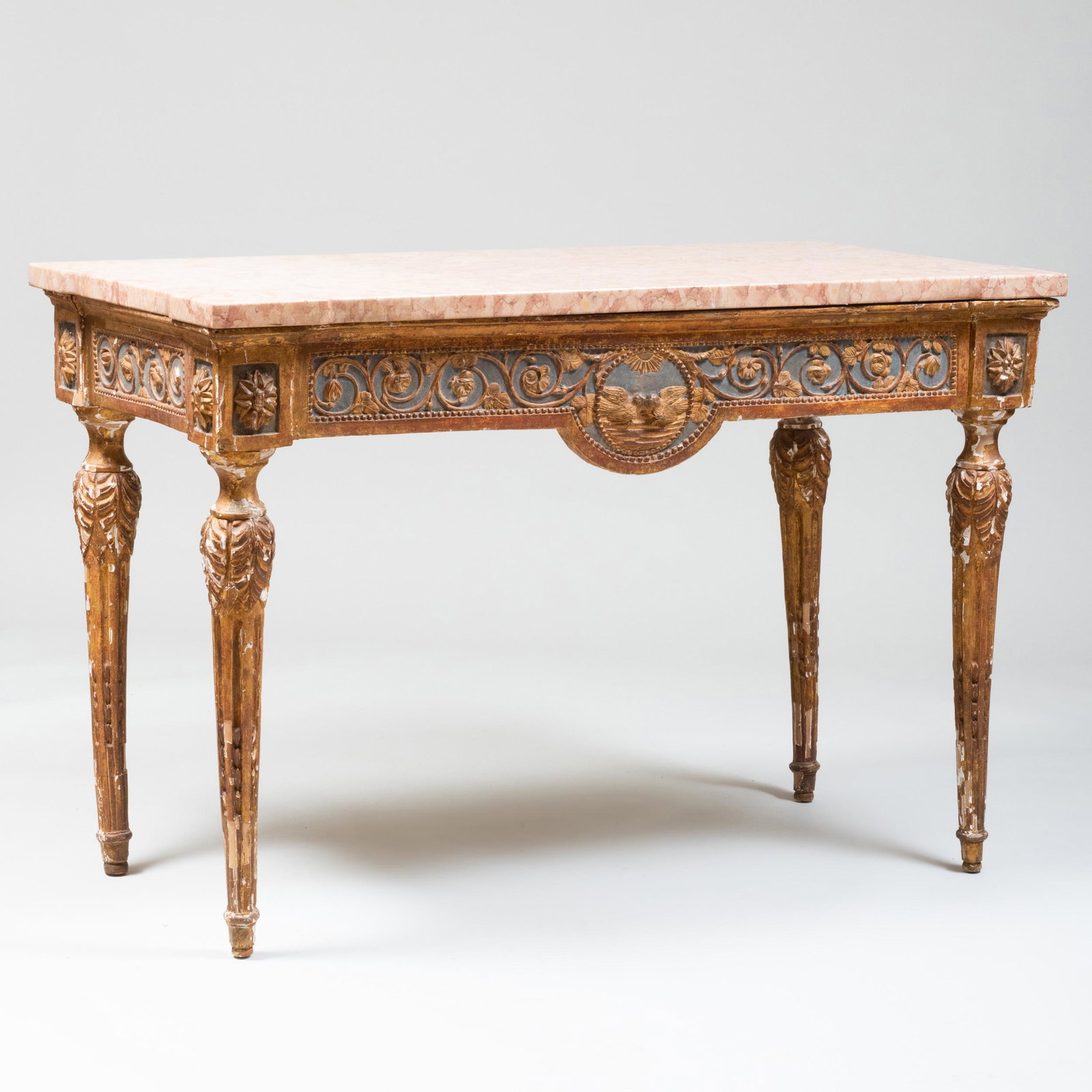 Italian Neoclassical Painted and Parcel-Gilt Console Table: Italian Neoclassical Painted and Parcel-Gilt Console Table Fitted with a marble top with outset corners. 35 1/4 x 4 ft. 4 in. x 26 1/4 in.