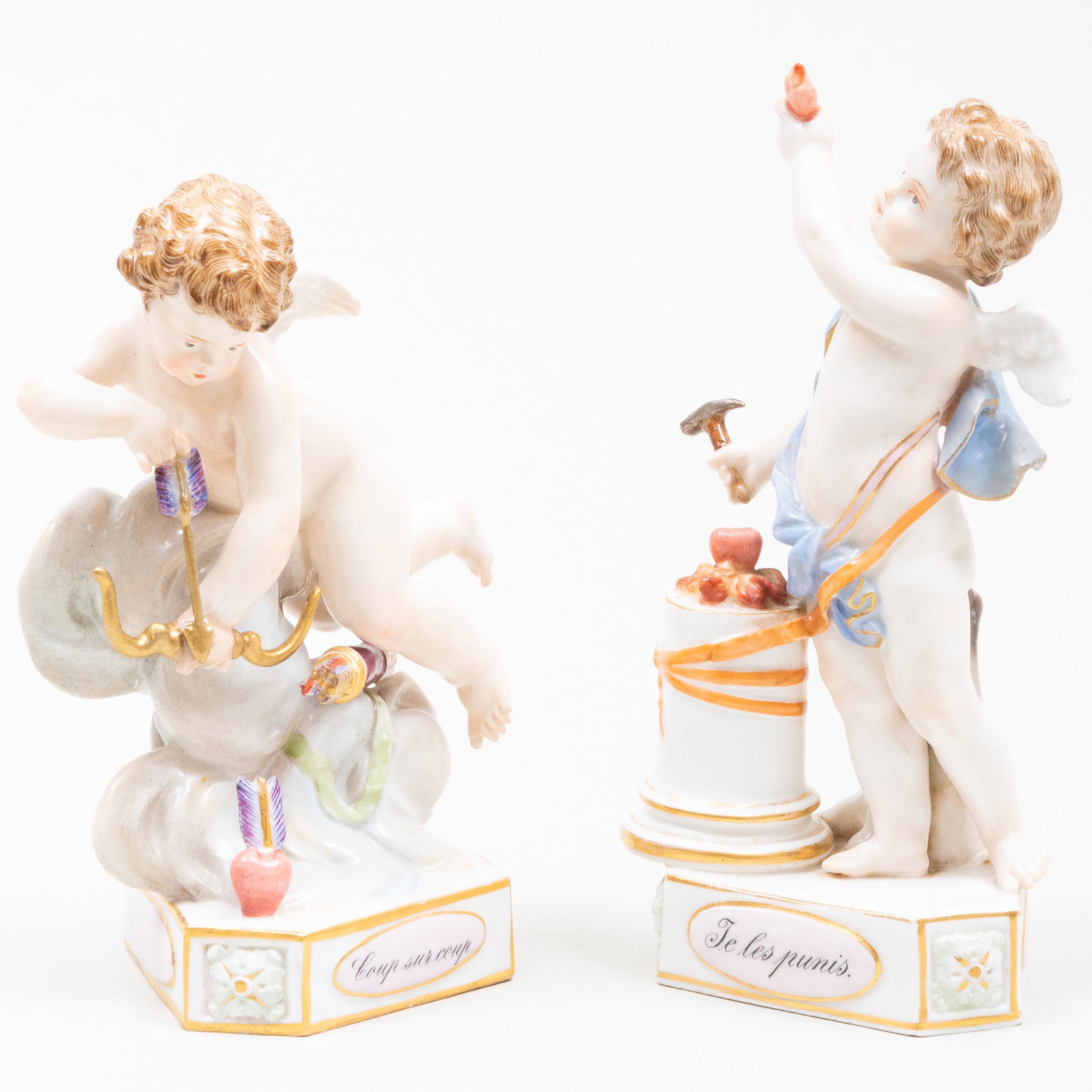 Pair of Meissen Porcelain Putti Figures: Pair of Meissen Porcelain Putti Figures Blue crossed swords mark. Comprising: A 'Coup sur Coup' figure A 'Te les Punis' The larger 5 1/4 x 3 3/4 x 2 1/2 in.