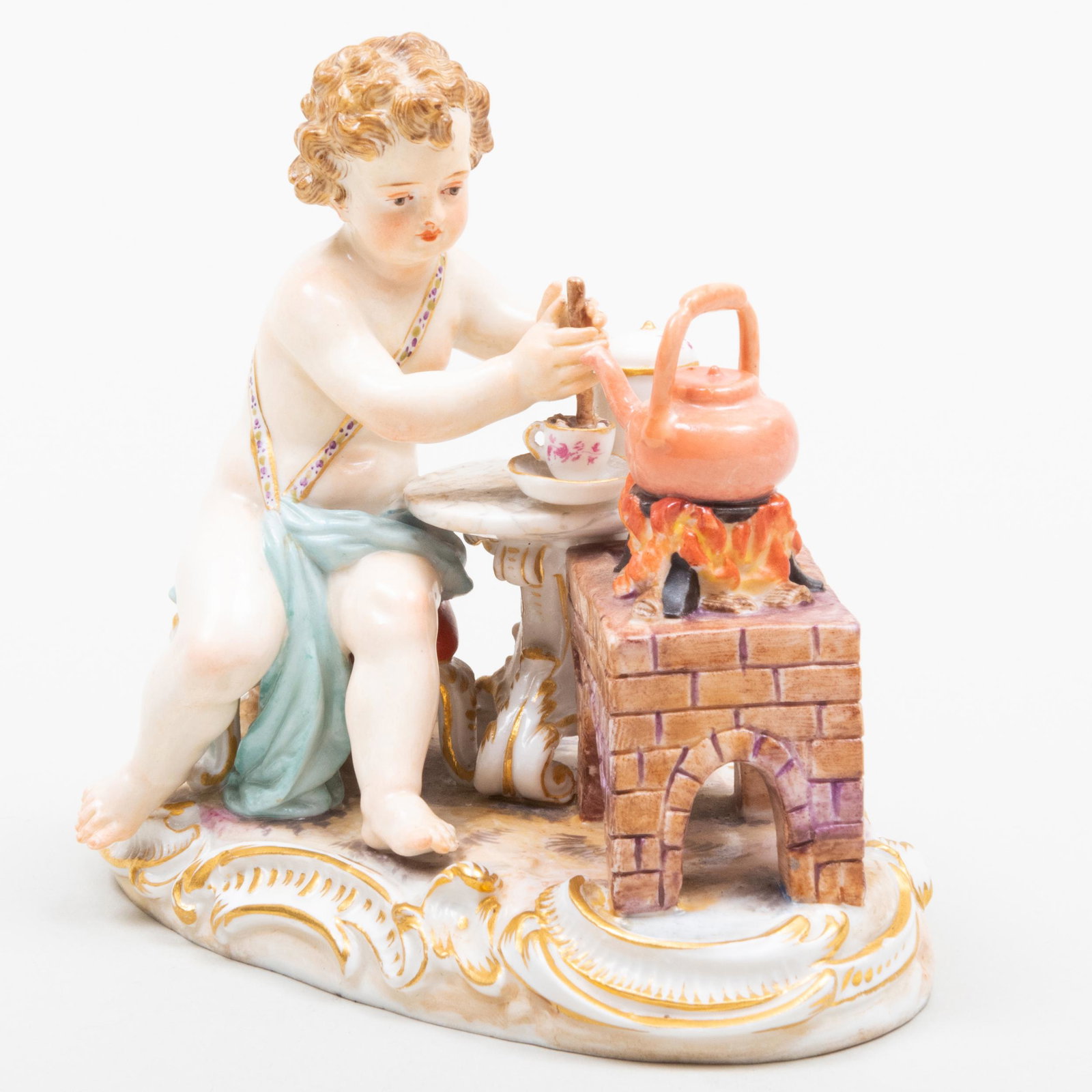 Meissen Porcelain Figure of Putti Making Hot Chocolate: Meissen Porcelain Figure of Putti Making Hot Chocolate Blue crossed swords mark. 4 1/4 x 4 1/2 x 3 in. Applied label for the Whitley Collection.