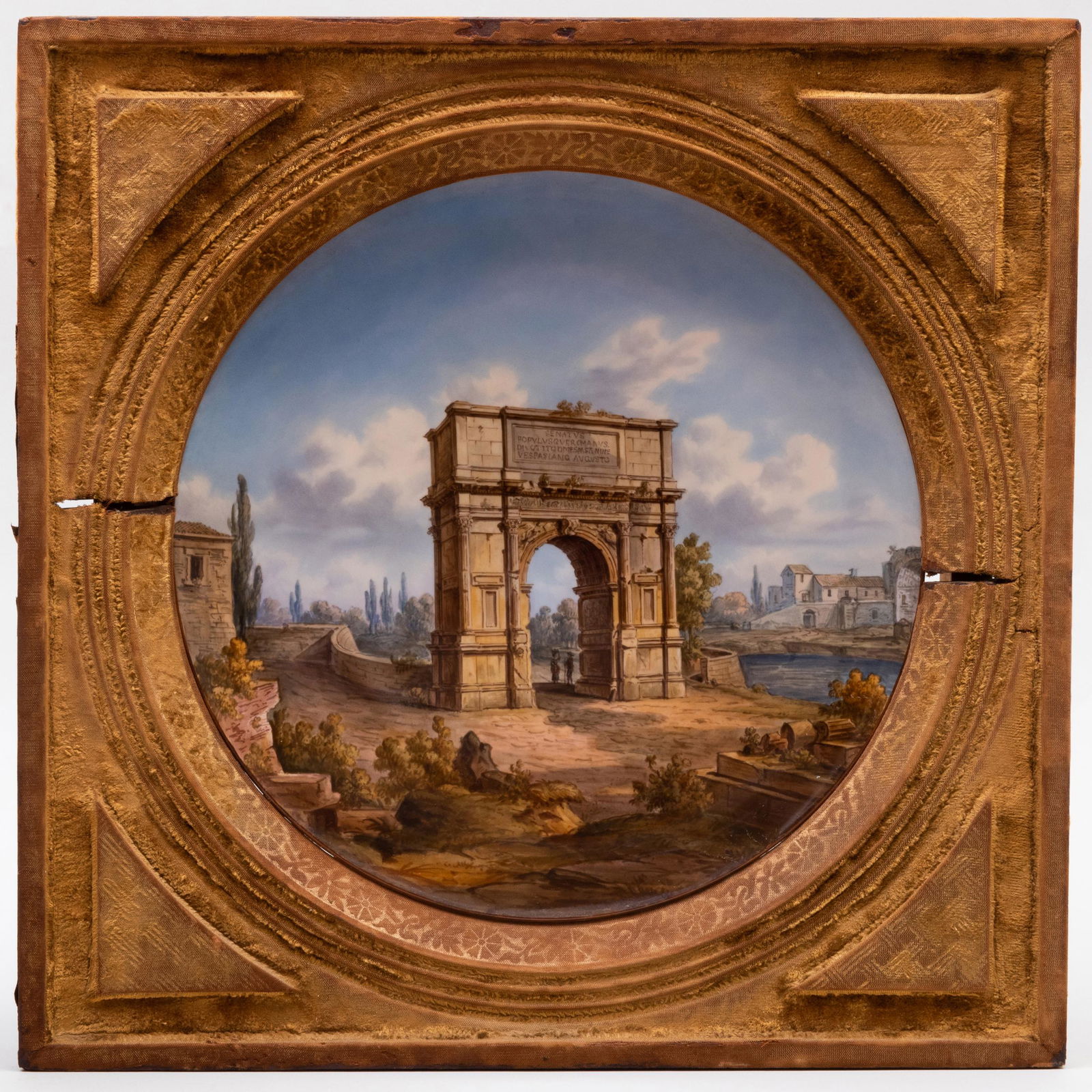 Pair of KPM Porcelain Chargers Depicting Ruins: Pair of KPM Porcelain Chargers Depicting Ruins Blue scepter and red printed mark; the first 'Arch of Titus', the second a castle landscape scene. The chargers 14 in. diam., 19 x 19 in. (frame). Estate
